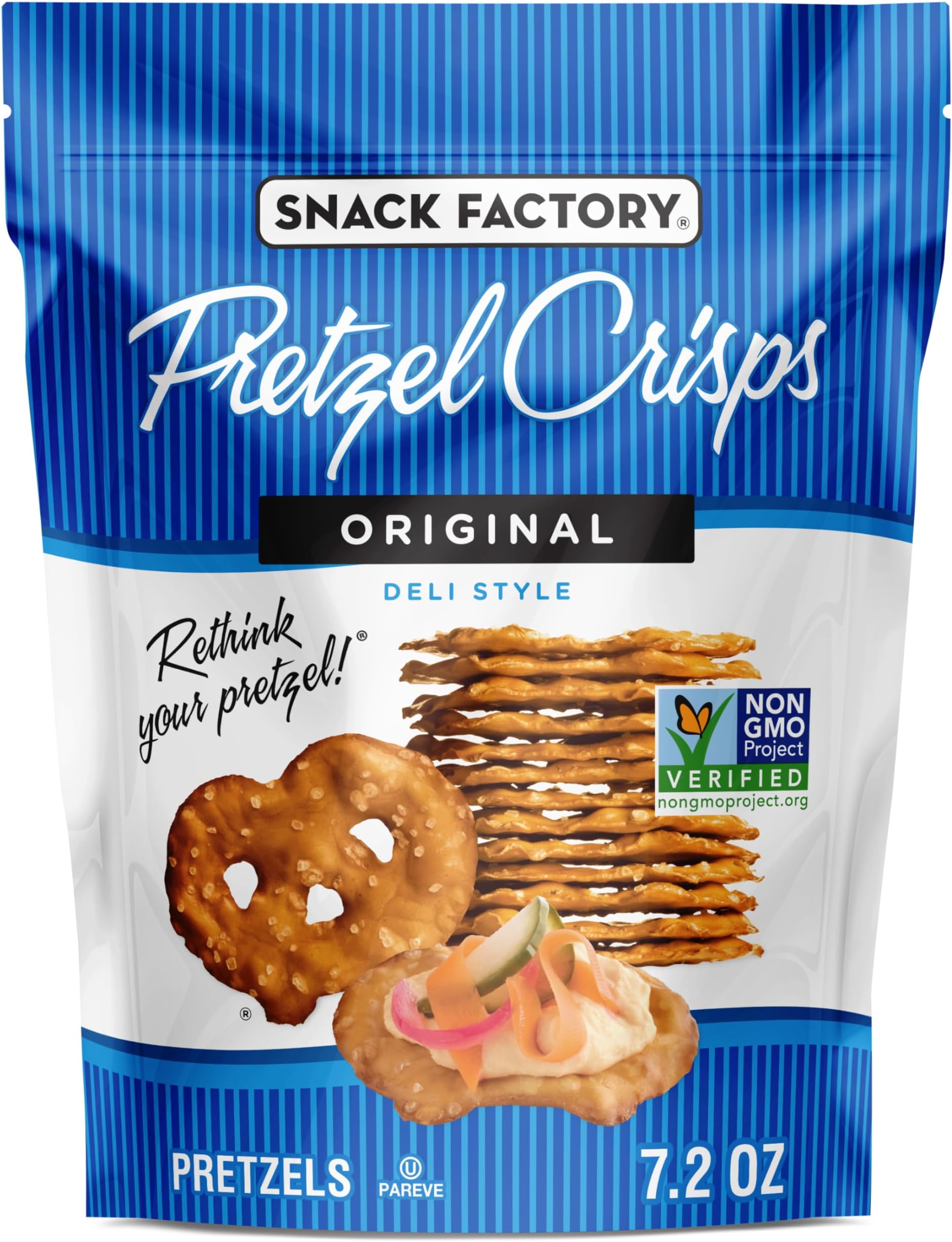 Snack Factory Original Pretzel Crisps, Non-GMO, 7.2 oz Resealable Bag