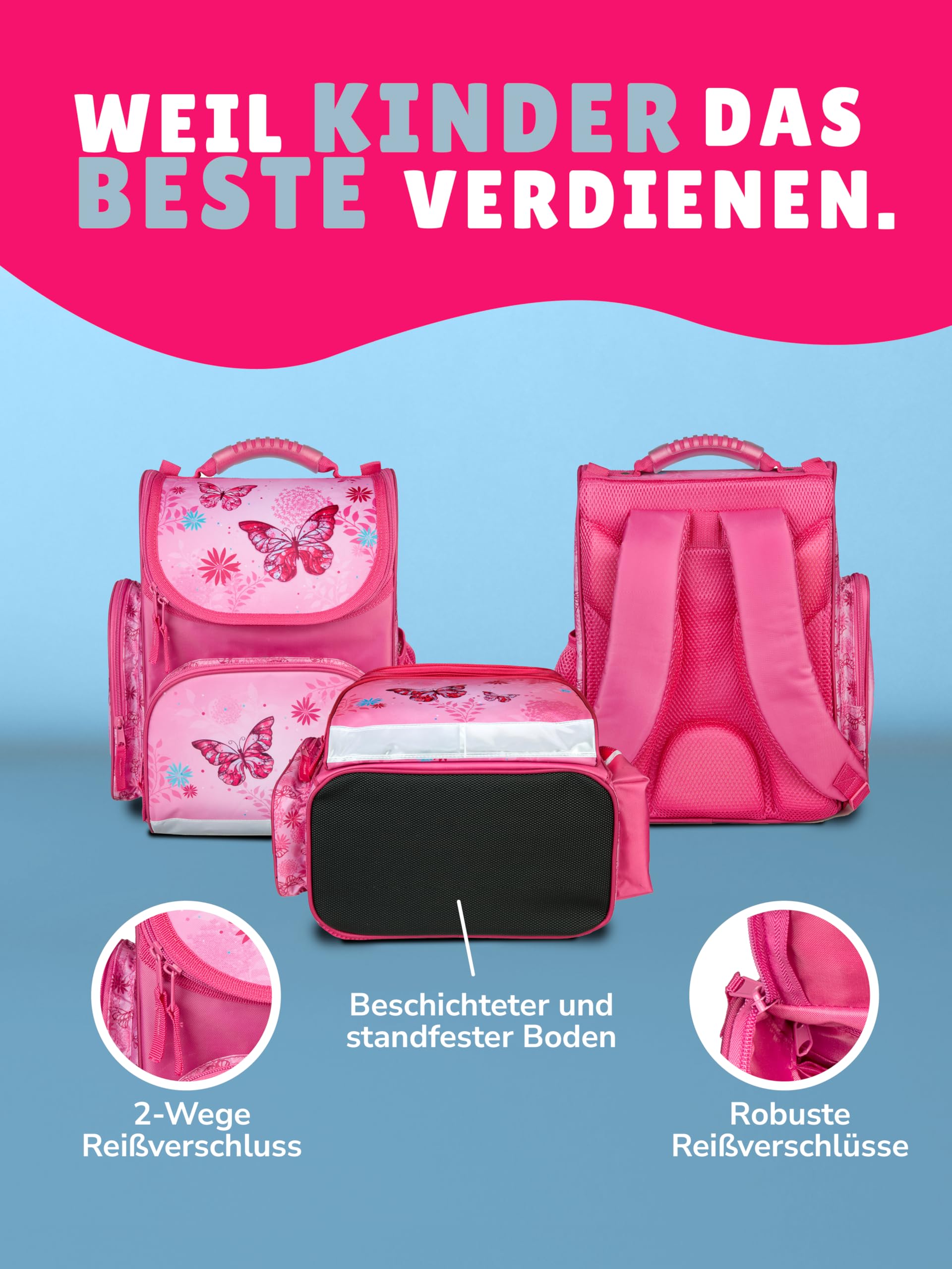 Familando - Schulranzen Set CLOU - 9-teilig mit Sporttasche - Schmetterlinge - Ergonomisch, Stabil & mit gepolstertem Rücken - 930g leicht - 15L Volumen - Mit Reflektoren - ab 1. Klasse
