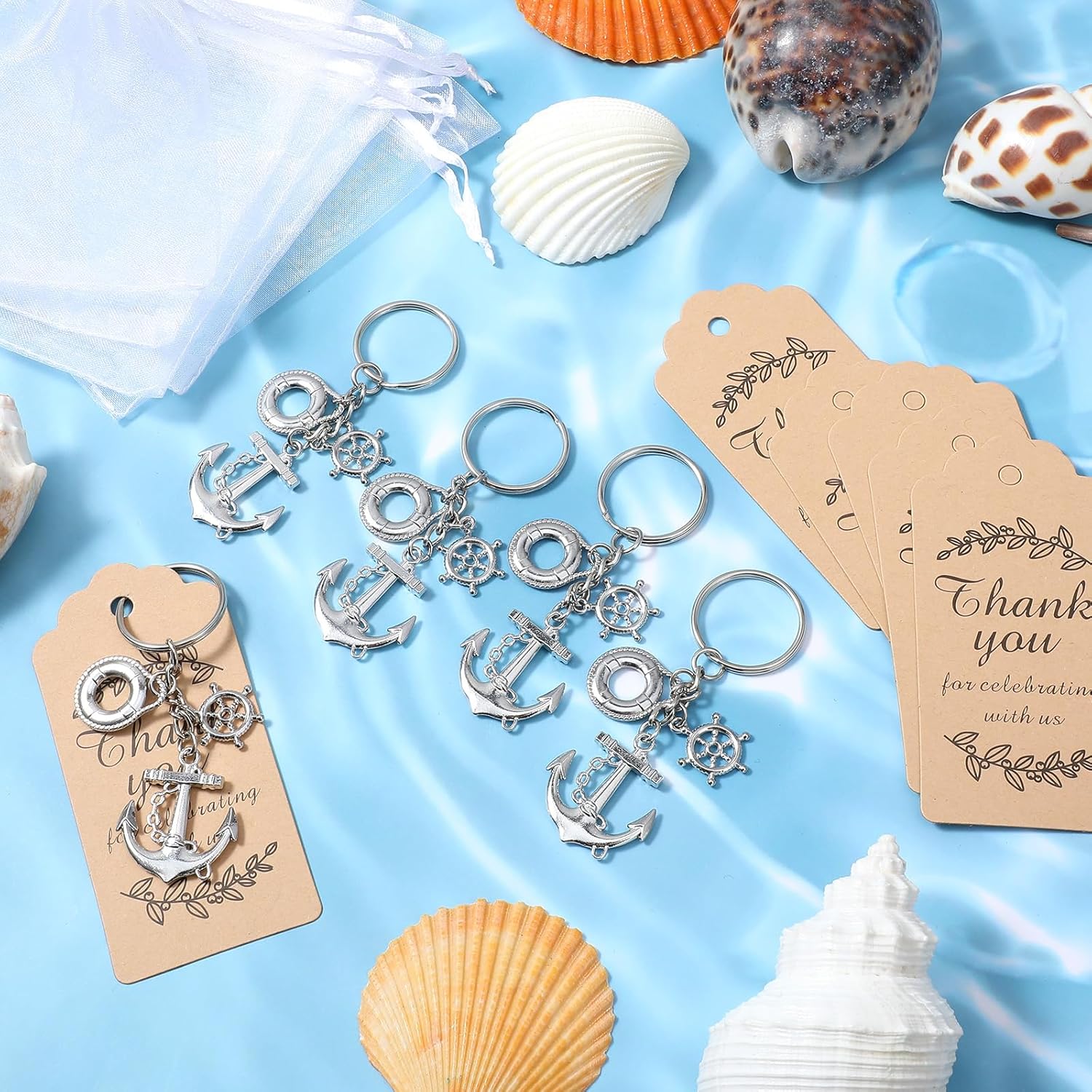 50 Set Anchor Keychain Bulk with Gauze Bag and Thank You Tags 3D Silver Anchor Keychains for Guests Creative Souvenirs Gifts Nautical Theme Party Decorations