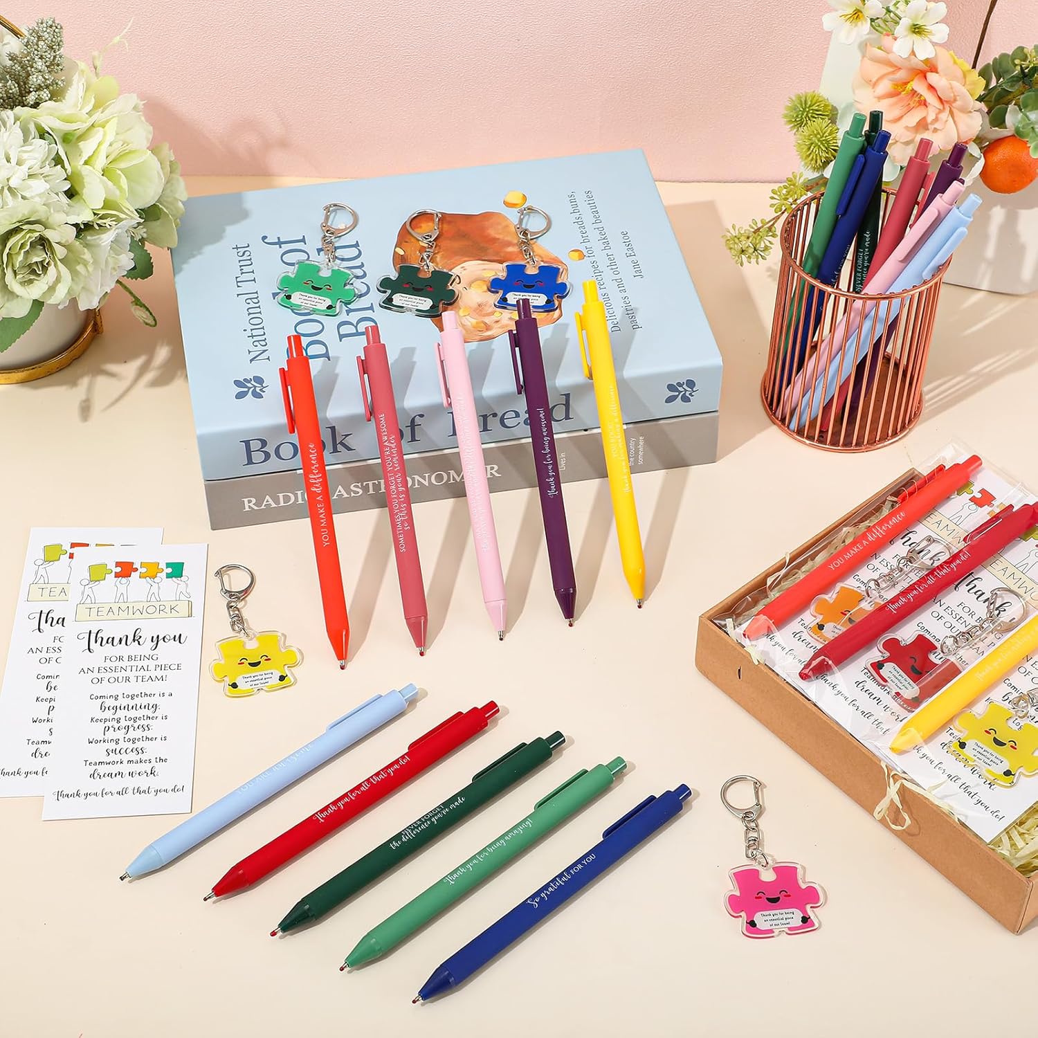 Dunzoom Employee Appreciation Gifts Bulk for Workplace Coworker Office Staff Teacher Nurse Doctor Social Worker Team Work Puzzle Piece Keychains & Thank You Pens(40 Set,Thank You) - Image 5