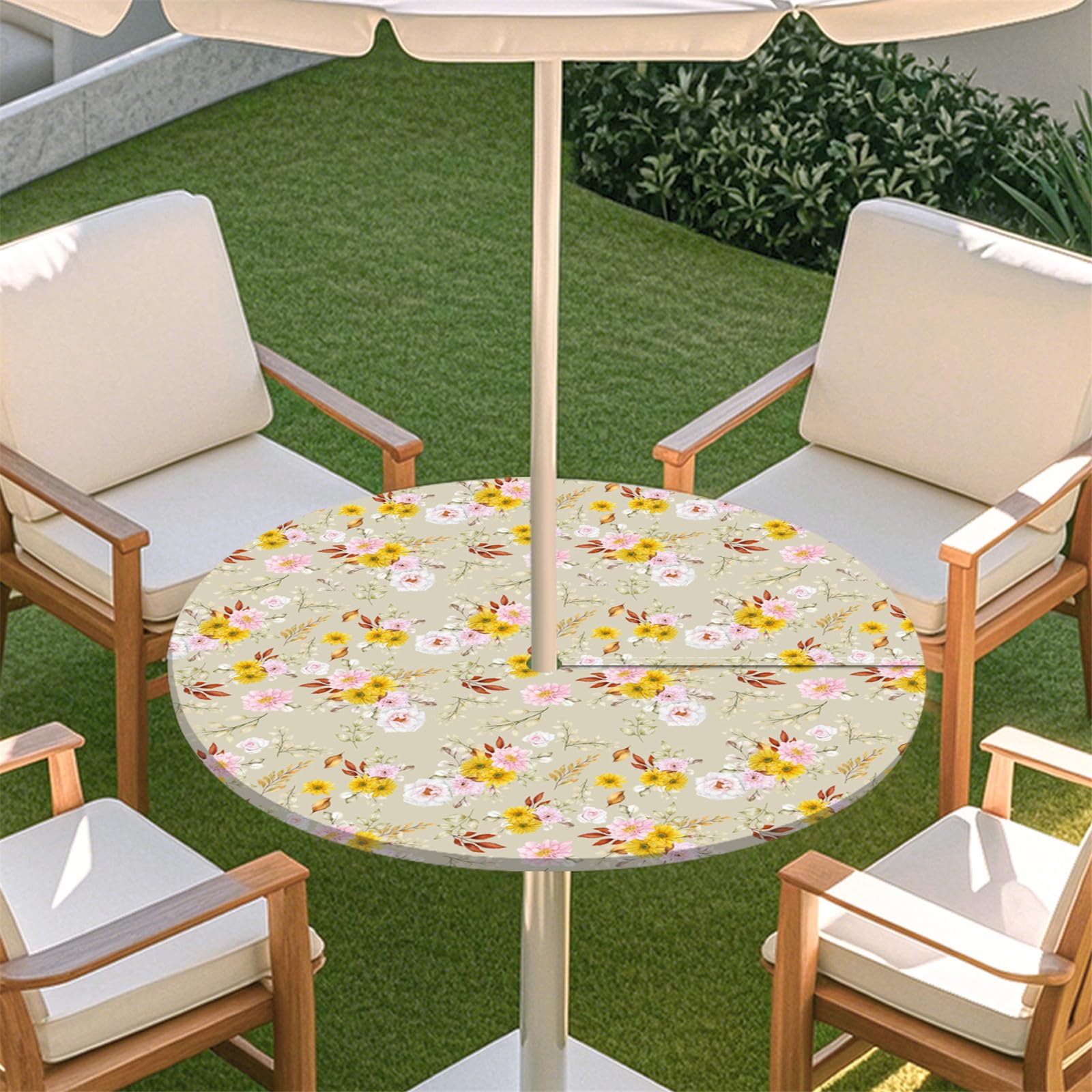 Odot Outdoor Round Tablecloth with Parasol Hole and Zipper, 3D Elegant Elastic Edge Round Fitted Tablecloth Protector Waterproof Wipe Clean Table Cover for Garden, BBQ, Party (Yellow,S:79-89cm)