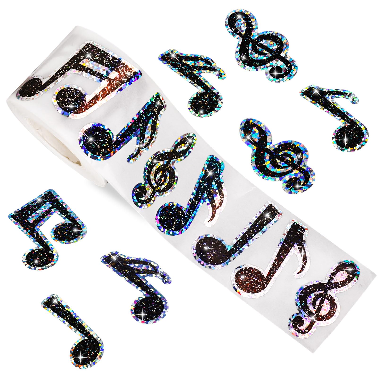 Whaline Music Note Stickers Roll Black Holographic Musical Piano Note Sparkly Waterproof Self-Adhesive Stickers Decals for Classroom Envelope Journal