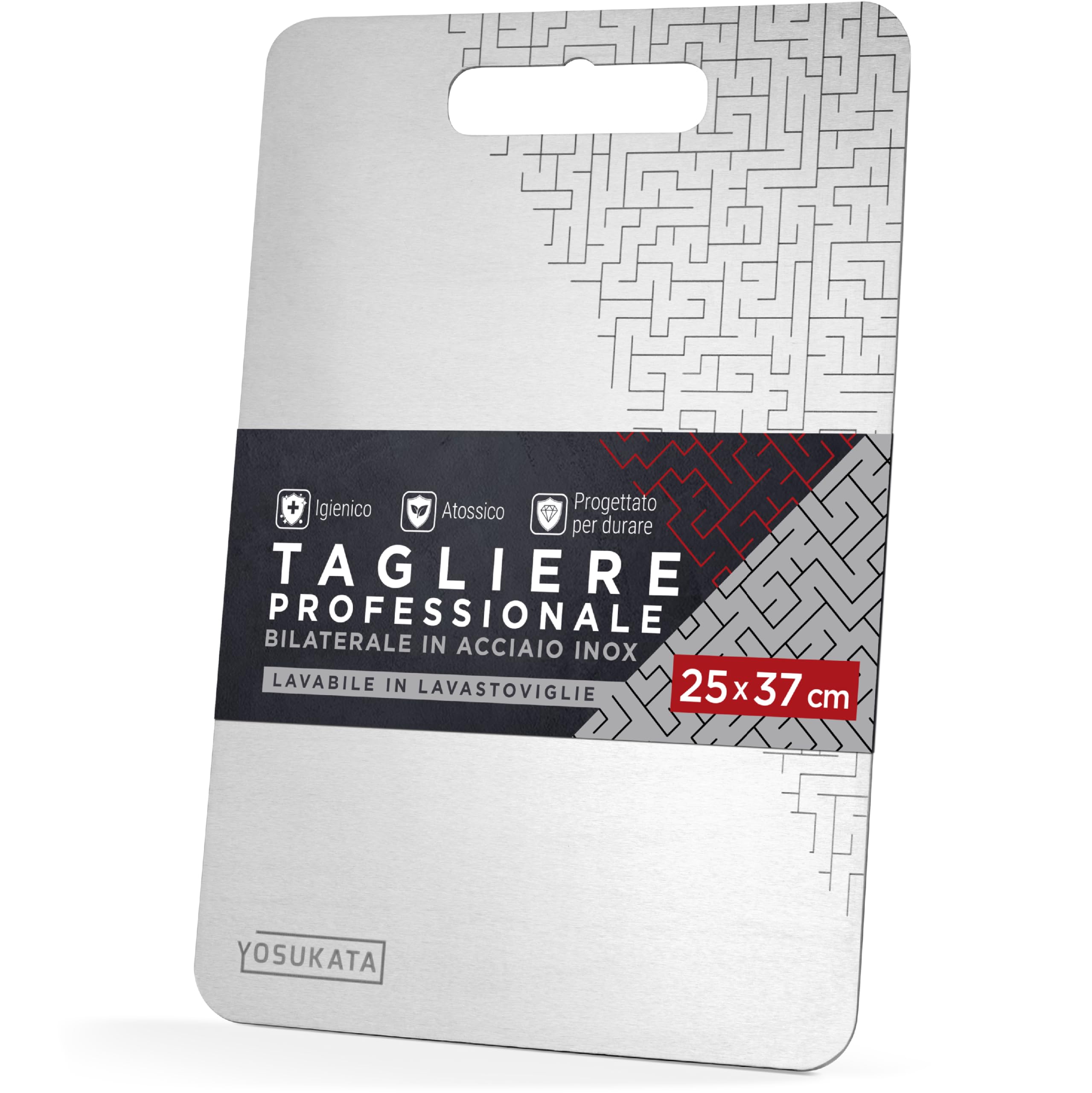 YOSUKATA Tagliere Acciaio Inox Alimentare 37x25 cm - Doppia Faccia Tagliere | Professionale con Foro per Appenderlo Scala cm e Pollici -Lavabile Lavastoviglie - Spianatoia Cucina Igienico e Atossico