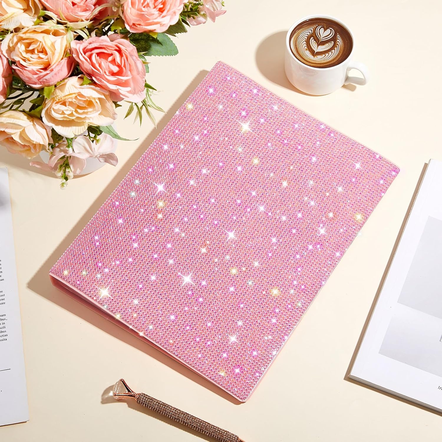 MotiMind Bling Art Portfolios Binder 9"x12" with 40 Pockets, Glitter Artwork Portfolio Folder Display 80 Pages, Sparkly Art Binder with Rhinestone for Women Office Letter Size Paper Organizer(Pink)