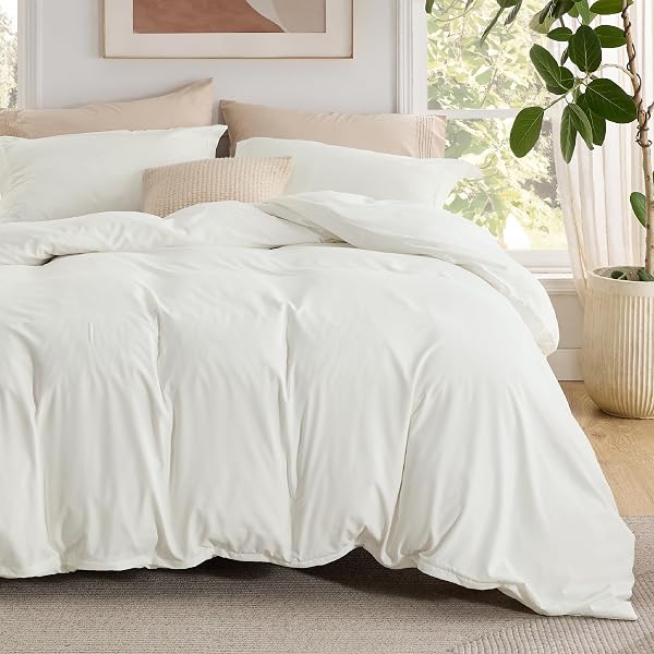 Bedsure King Duvet Cover with Fitted Sheet, Double Brushed Bedding, Cream