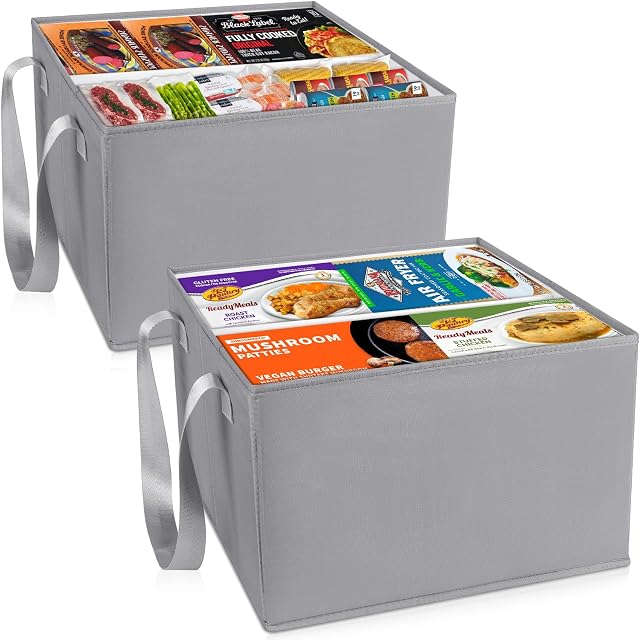 2 Pack Freezer Organizer Bins,Foldable Deep Freezer Organizer Bins with Long Handles,15"x13"x10" Chest Freezer Organizer with Dividers for Sorting Frozen Meats & Food