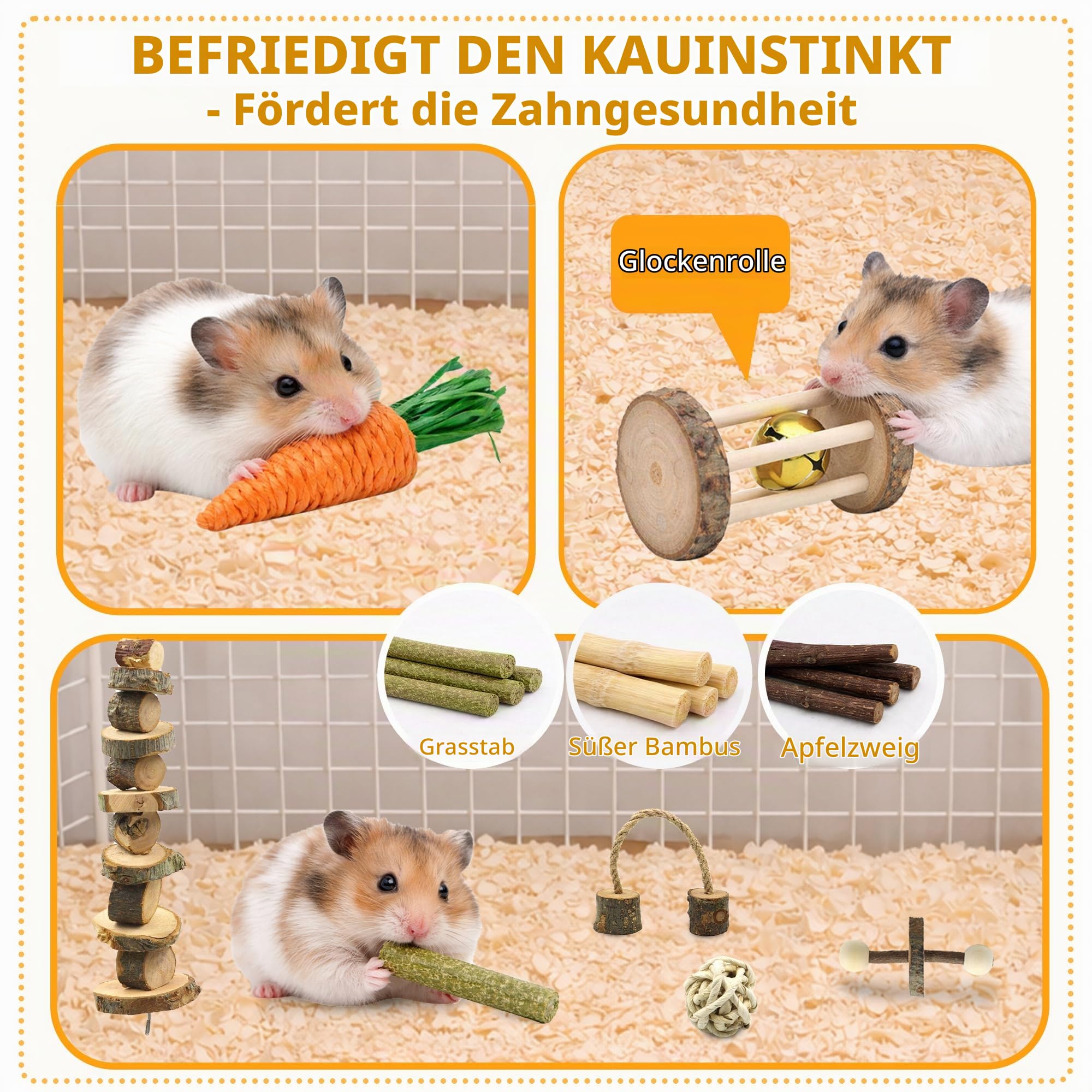20-teiliges Hamsterkäfig-Zubehörset, 24 cm leises Hamsterrad, Kauspielzeugset, Holzhaus und Trinkflasche mit Ständer für Chinchillas, Kaninchen, Meerschweinchen, Ratten und andere Kleintiere (Gelb)