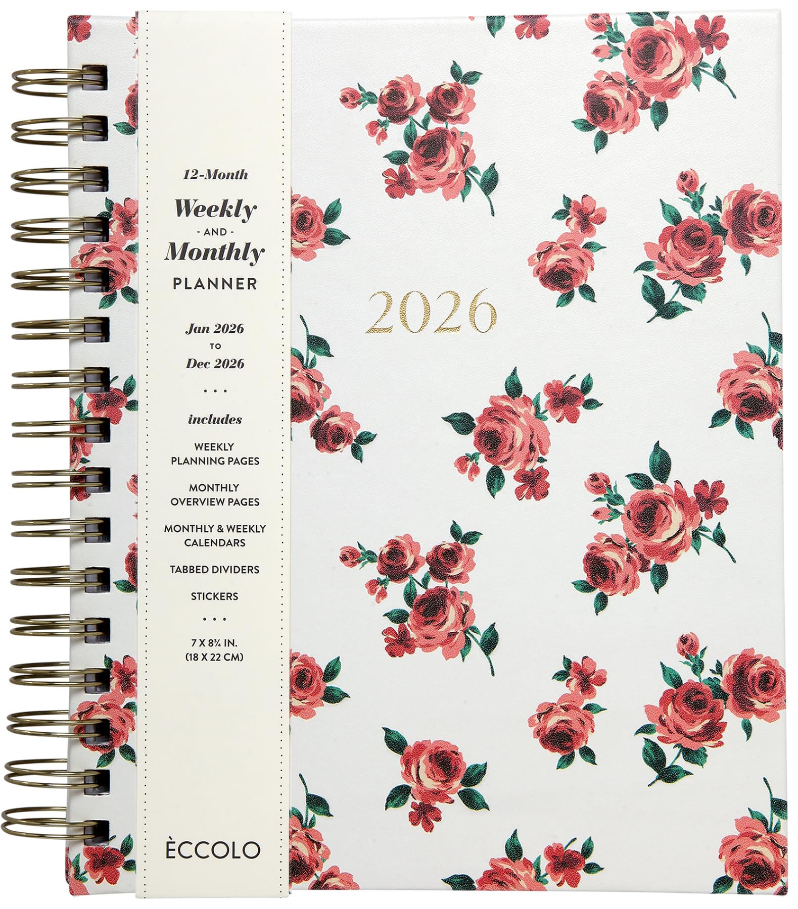WORLD TRAVELER 2026 Planner Weekly and Monthly - 7'' x 8.75'' Hard Cover January December Spiral Daily Planner 2026 To Do List, Size 7X8.75, Red Roses