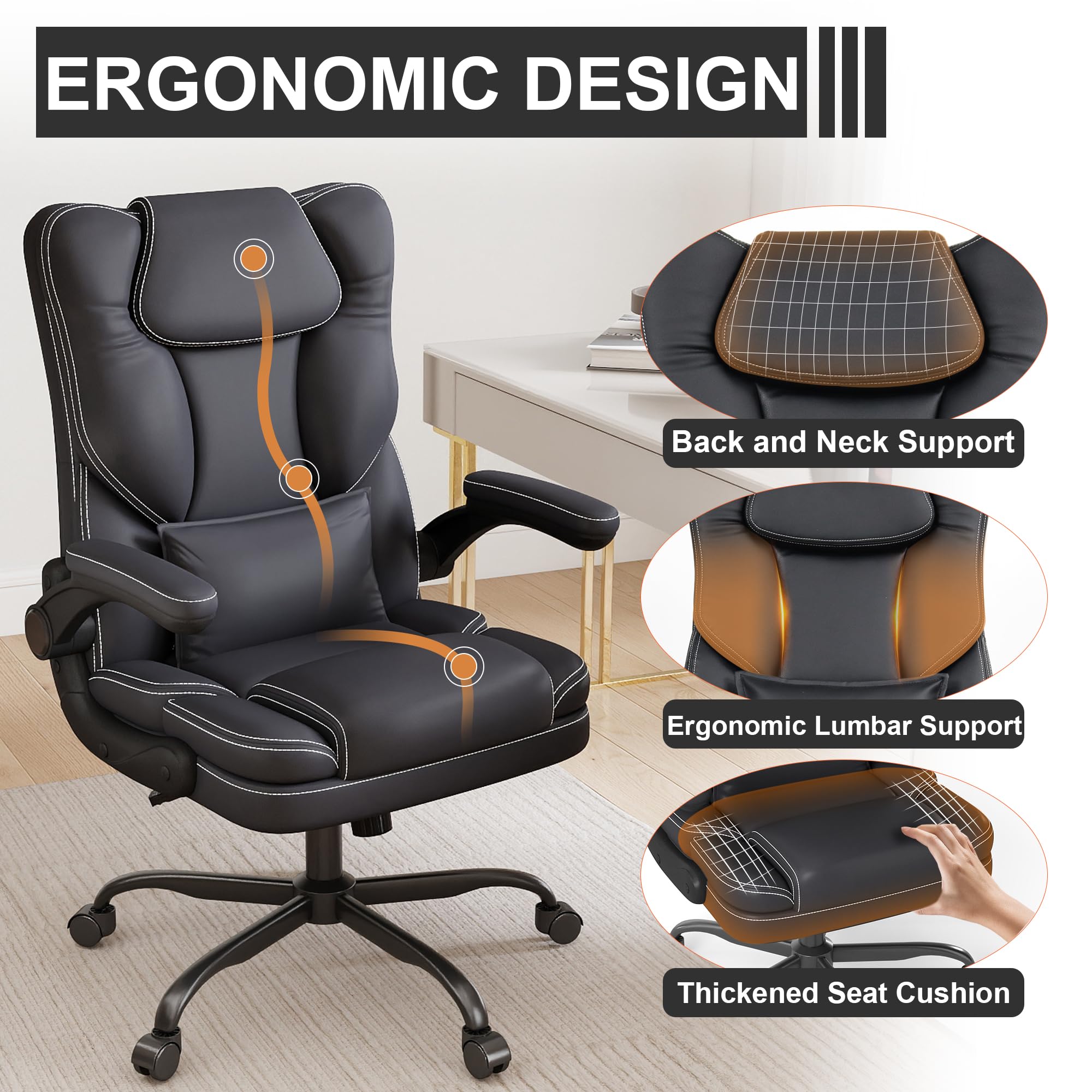 Ergonomic Office Chair with Flip-up Armrests 300lbs Middle-Tall Computer Office Desk Chair with Lumbar Support Executive Leather Chair — view 3