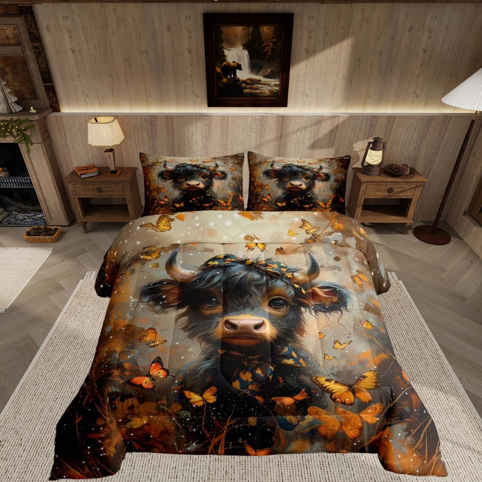Feelyou Highland Cow Comforter Set for Girls Boys Kids King Size Maple Leaves Comforter Room Decorative Butterfly Bedding Set Orange Brown Duvet Set