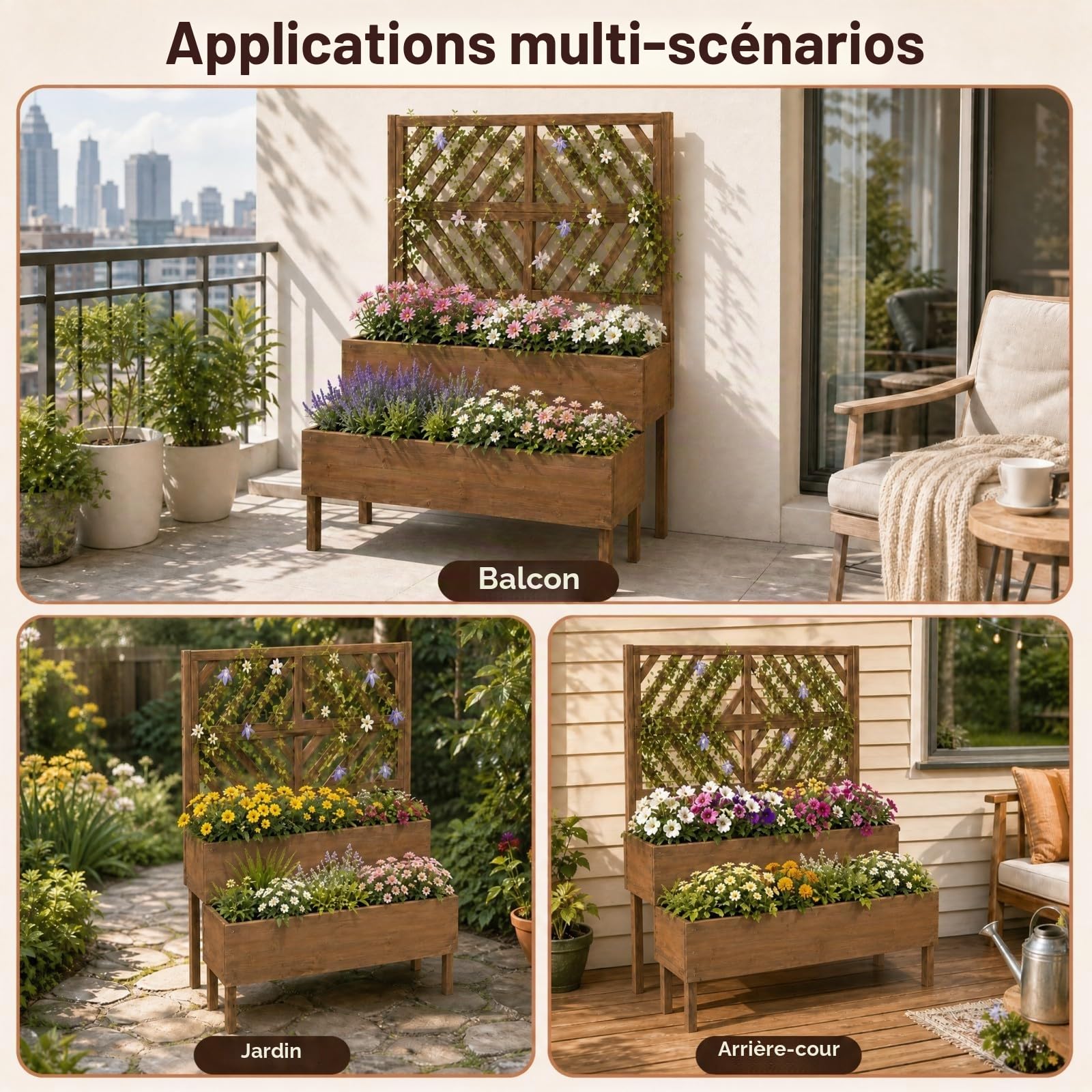 HOMASIS Jardinière avec grille en bois pour l'extérieur, treillis à 2 étagères, plantes grimpantes en sapin, drainage, 109 x 62 x 135