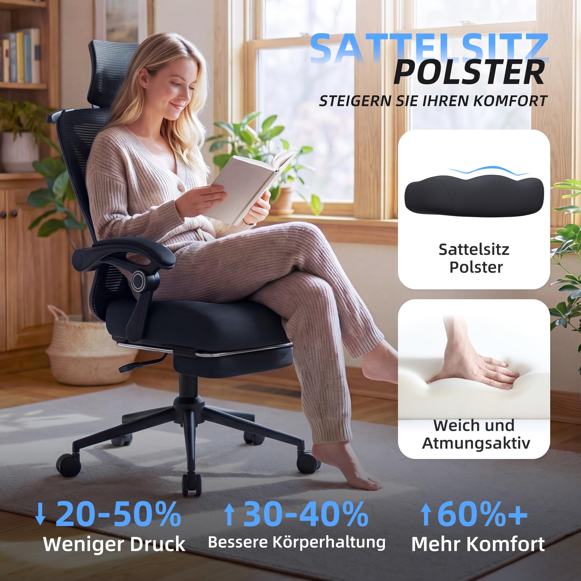 CYKOV Ergonomischer Bürostuhl mit Fußstütze, Büro Stuhl & Gaming Stuhl 150 kg+, 90-160° Verstellbare Rückenlehne, Verstellbare Lendenwirbelstütze und Kopfstütze, PC Stuhl & Drehstuhl für Home Office