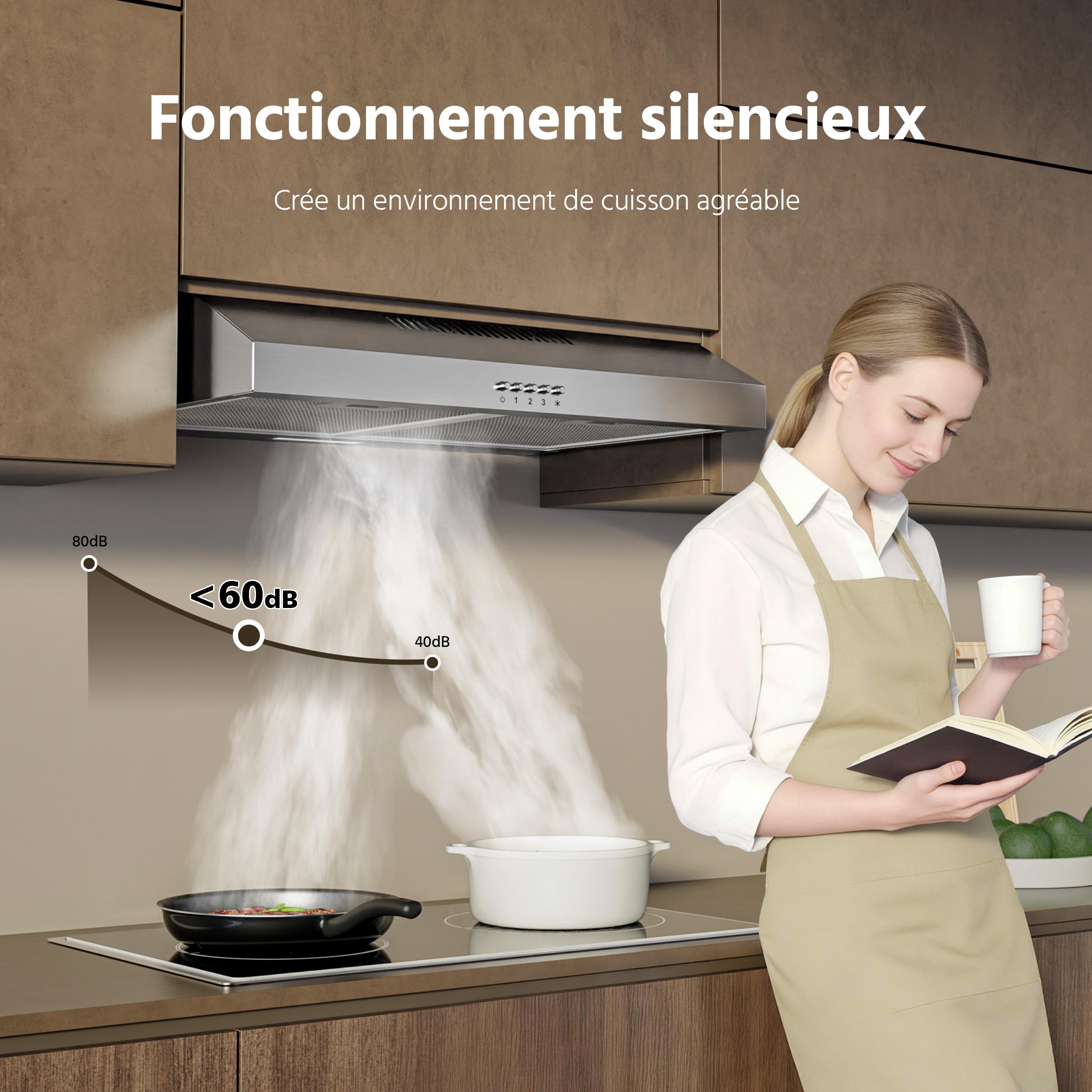 FIREGAS Hotte de Cuisine 60cm A++, Hotte Aspirante Inox Silencieuse avec Moteur sans Balais, 3 Vitesses, Éclairage LED, Mode Recyclage ou Évacuation, Idéal Petites Cuisines