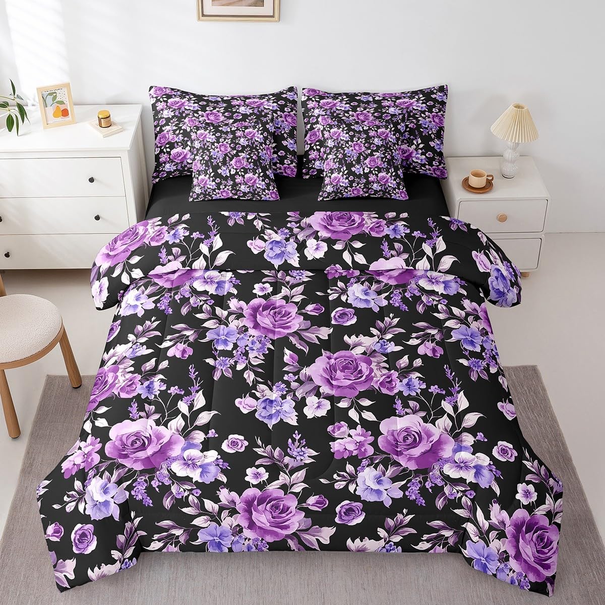 Erosebridal Rose 7 Piece Bedding Set Twin Size Exotic Purple Flower Floral Comforter Set Bedroom Decor Watercolor Botanical Fitted Sheet Vintage Garden Leaf Bed in A Bag Soft Microfiber