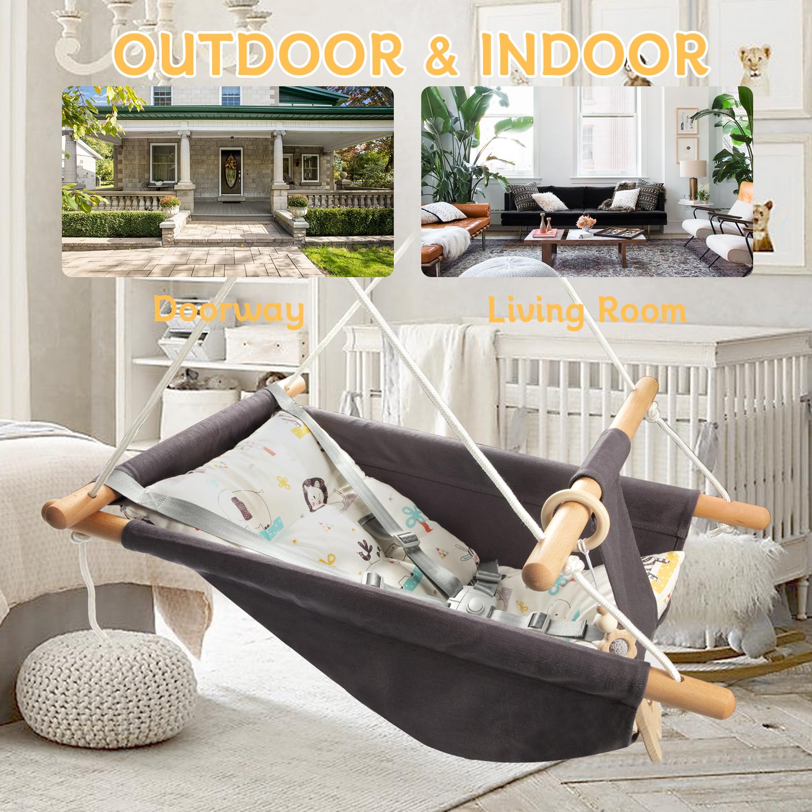 Columpio para bebés al aire libre e interior para bebés y niños pequeños, columpio portátil ajustable para porche con cinturón de seguridad de 5 puntos, silla colgante de árbol para niños, 5
