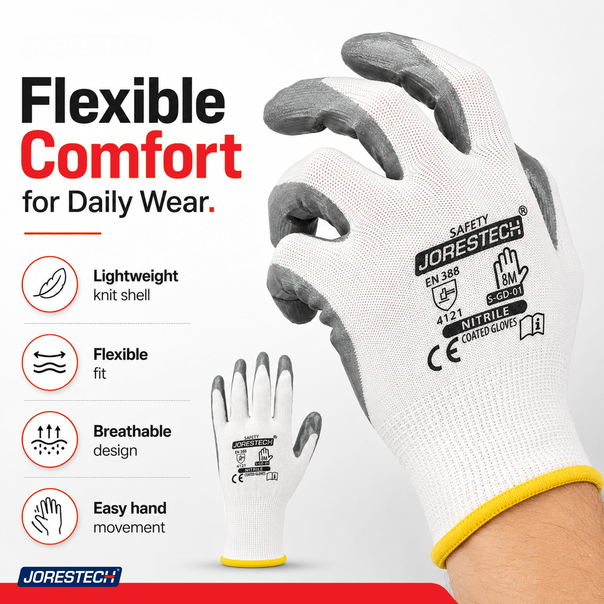 JORESTECH Safety Work Gloves White Polyester Knitted Fiber with Grey nitrile Coating Pack of 12 GD-01 (rozmiar 9-L)