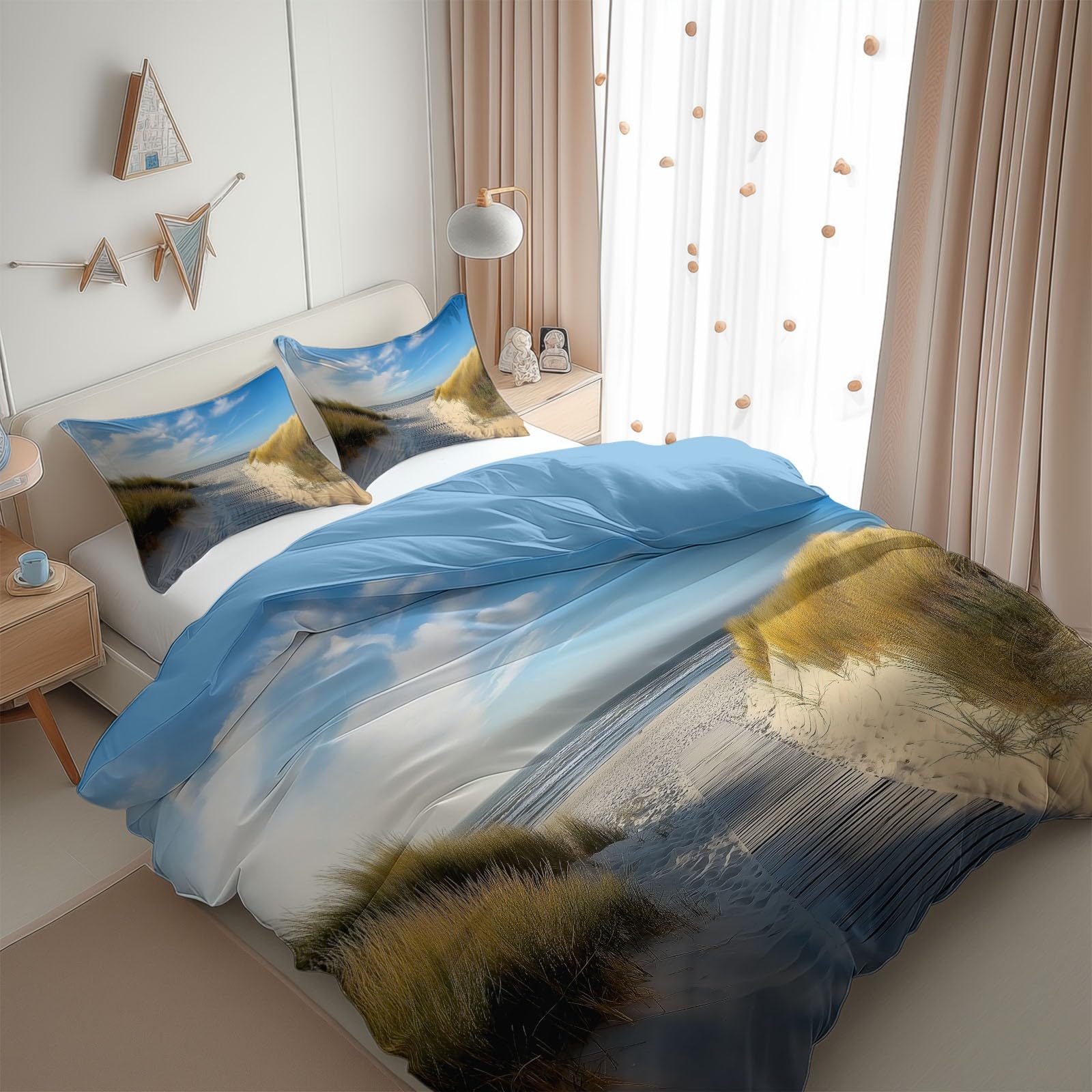 Blue Duvet Cover Queen Size for Kids Teen Sea View Beach Path Print Bedding Sets with 2 Pillowcase, Reversible Super Soft Bedroom Decor Bed Cover 3 Piece for Boys Girls