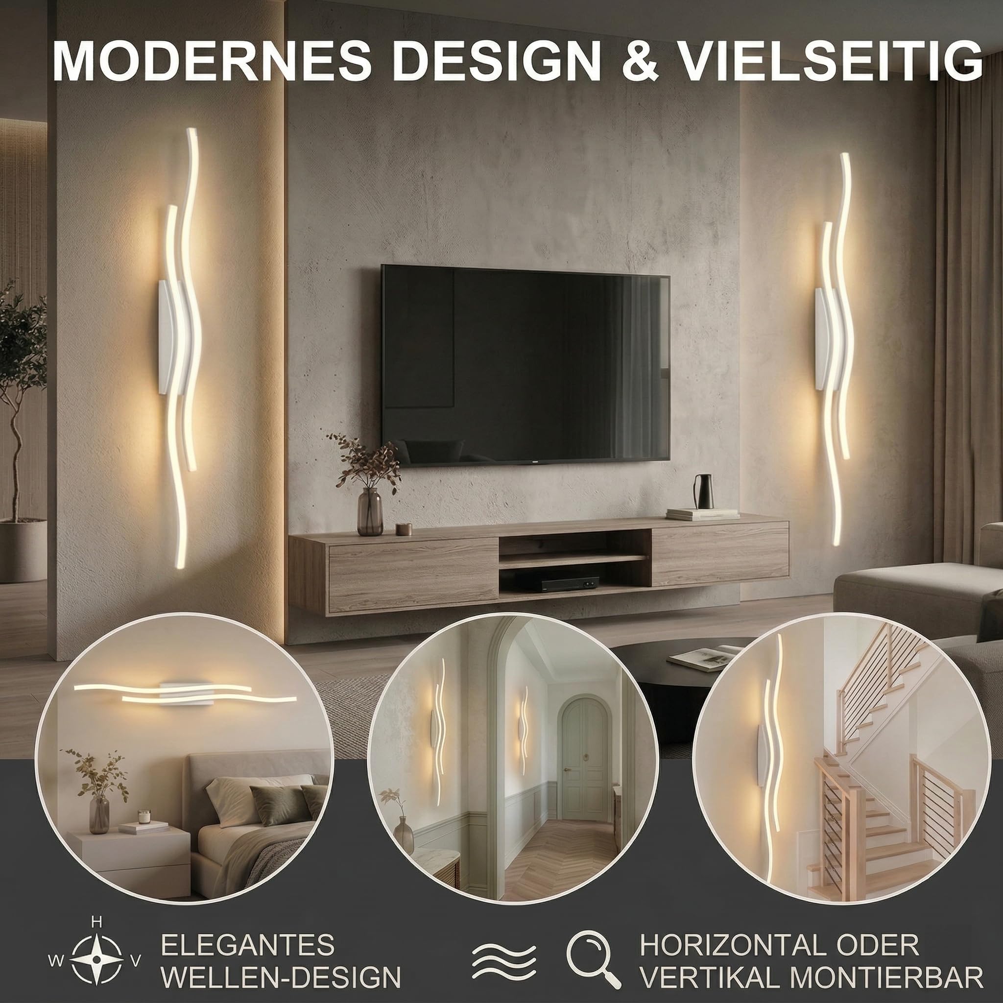 Wandleuchte Innen mit Akku 100 cm, 2er Pack Dimmbar mit Fernbedienung | Timer, kabelloses Wellen-Design Wandlampe für Wohnzimmer, Schlafzimmer, Flur und Treppenhaus(Weiß)
