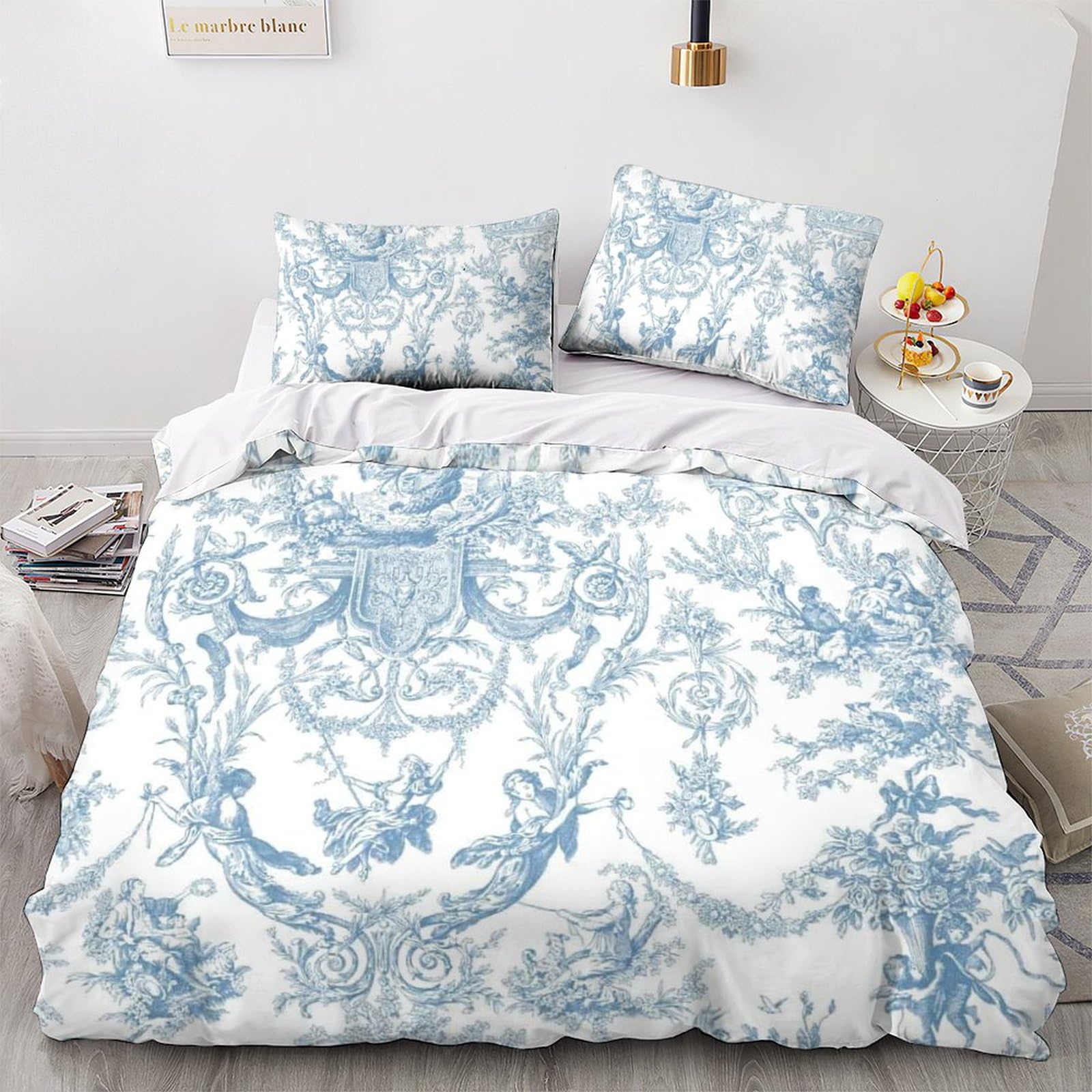 LENTLY Motif of Toile De Jouy 3D Comforter Cover Set for Duvet Cover Bedding Set Bedspread Cover with Pillow Shams Microfiber Bed Cover Zipper 3 Piece Set Quilt Cover Double（200x200cm）