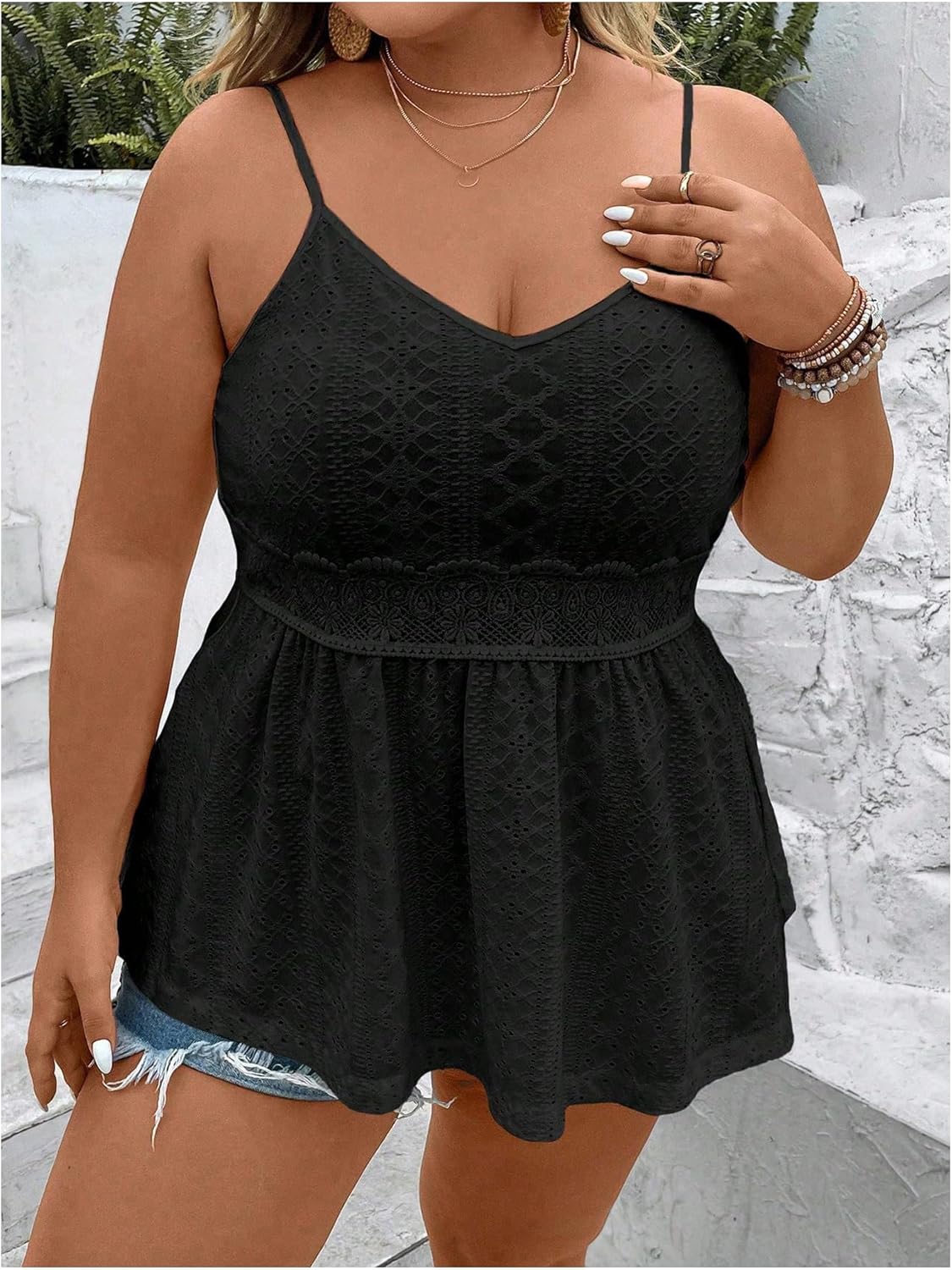 SHENHE Women's Plus Size V Neck Eyelet Cami Peplum Top Spaghetti Strap Ruffle Boho Tank Top - Image 3