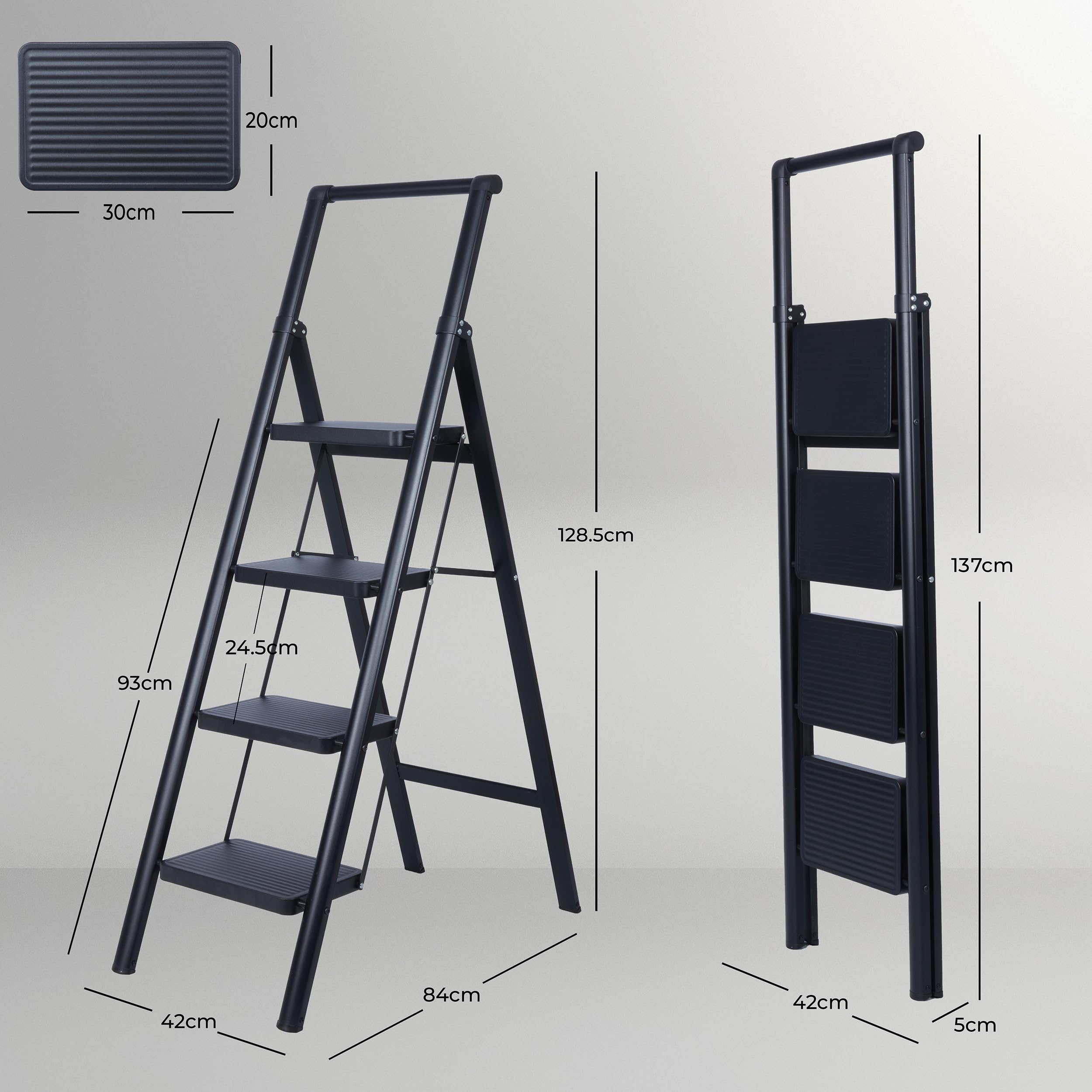 Scaletta 4 Gradini In Ferro Teenza – Pieghevole Con Gradini Larghi Antiscivolo, Carico 150 Kg, Nero