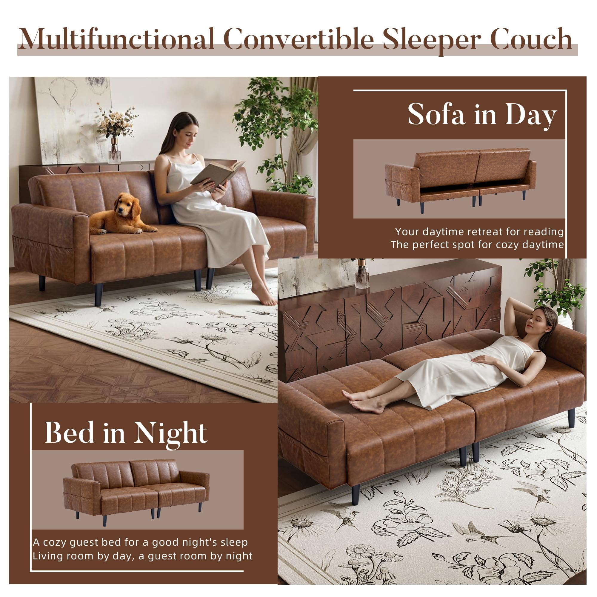 Ledersofa, Sofa 3 Sitzer, Sofa mit Schlaffunktion, Schlafsofa, Wandelbares Ledersofa mit Verstellbarer Rückenlehne, Stauraum, Holz & Stahlrahmen, 195×74×77cm (Braun)