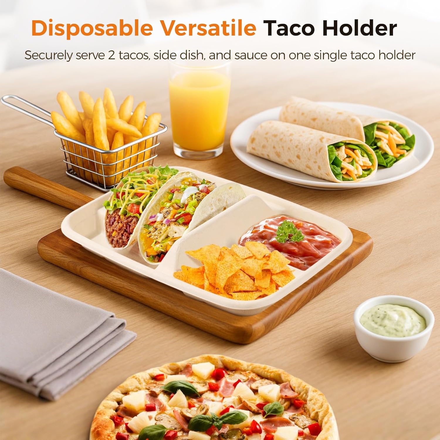 100 PCS Taco Plates Disposable, Bagasse Pulp 2-Slot Taco holder with Side Compartments, Safe Plant Fiber Tray for Taco Tuesday, Party, Sandwich, Hot Dog, Sauce & Snack Serving (100Pcs)