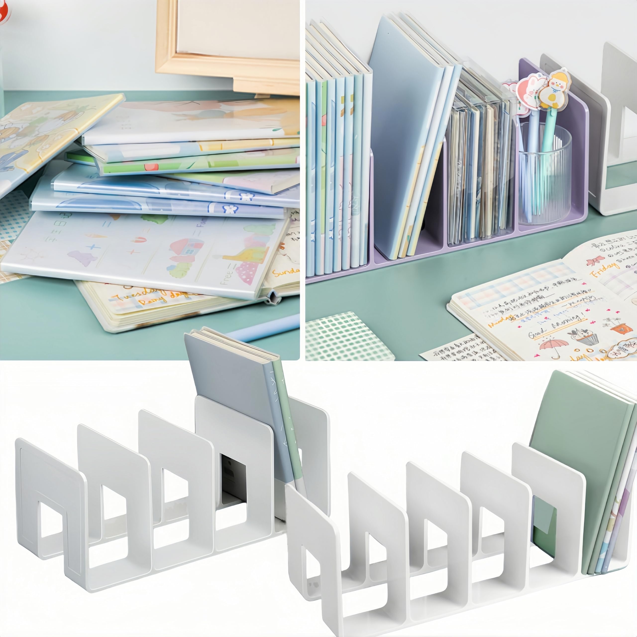 Porta Libri da Scrivania 4 Pezzi Ferma Libri Scaffale Organizer Divisori Sostegno Portatile Bianco