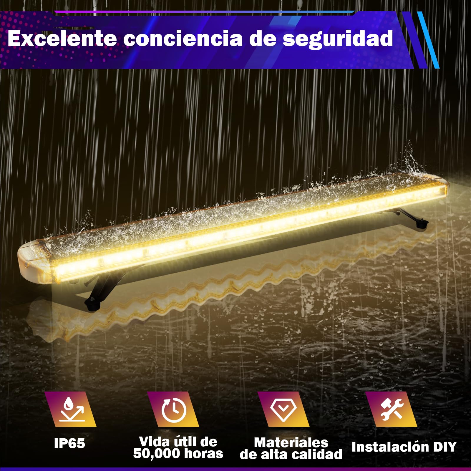 Luz LED de advertencia intermitente de 130 cm – 96 ledes 3000 K 3000 K barra de luz para coche 12 – 24 V intermitente de emergencia, quitanieves, barra de luz IP65 con cable de 3,8 m