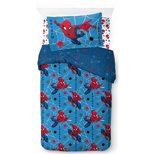 Jay Franco Marvel Spiderman Spidey Faces 100% Baumwolle 3-teiliges Bettwäsche-Set 135x200cm Einzelbettgröße - Bettbezug + Spannbettlaken 90x200 cm + Kissenbezug 50x70 cm