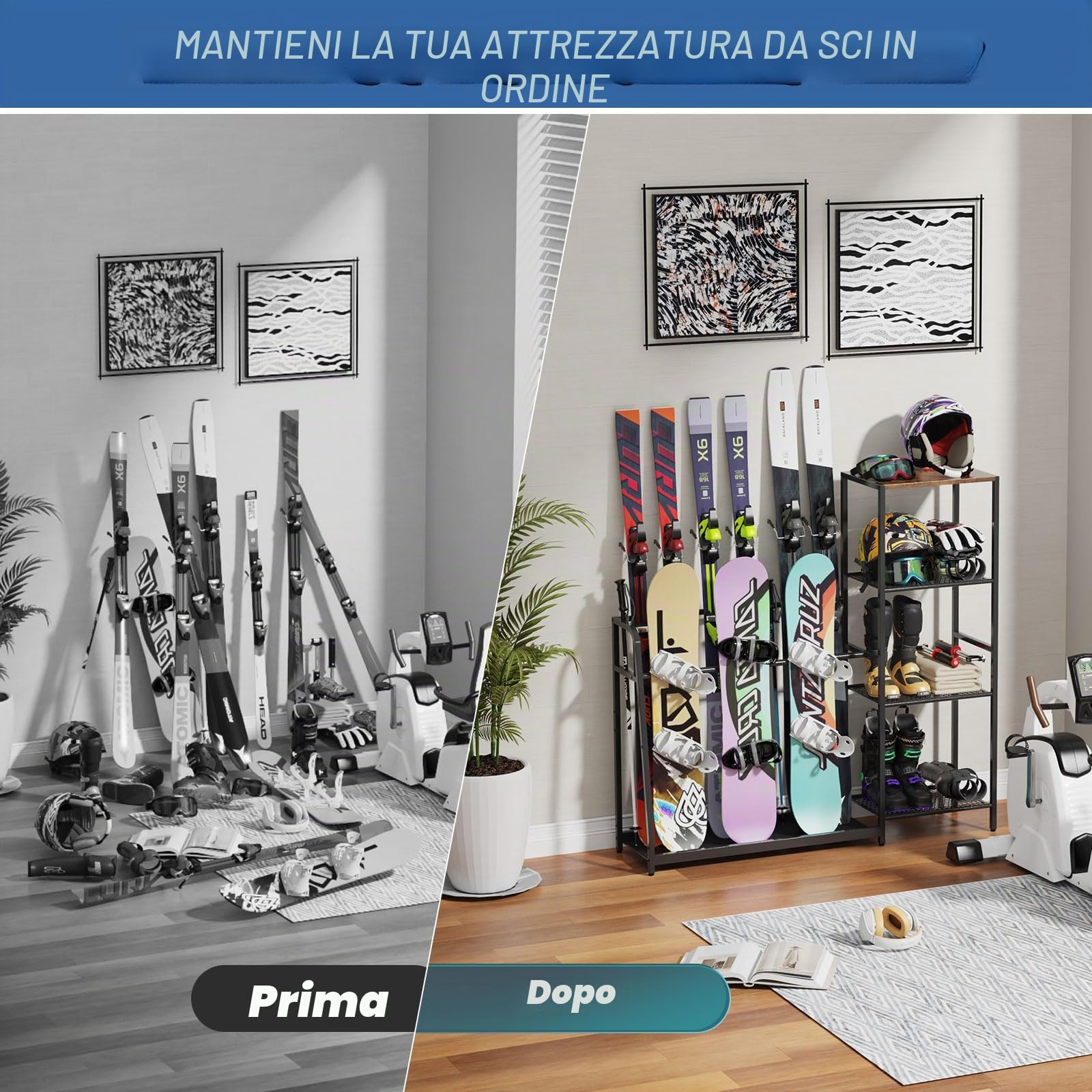 Rastrelliera autoportante per snowboard, 4 paia di sci, 3 confezioni da snowboard, scarponi, aste, occhiali, casco per garage, capannone, cantina