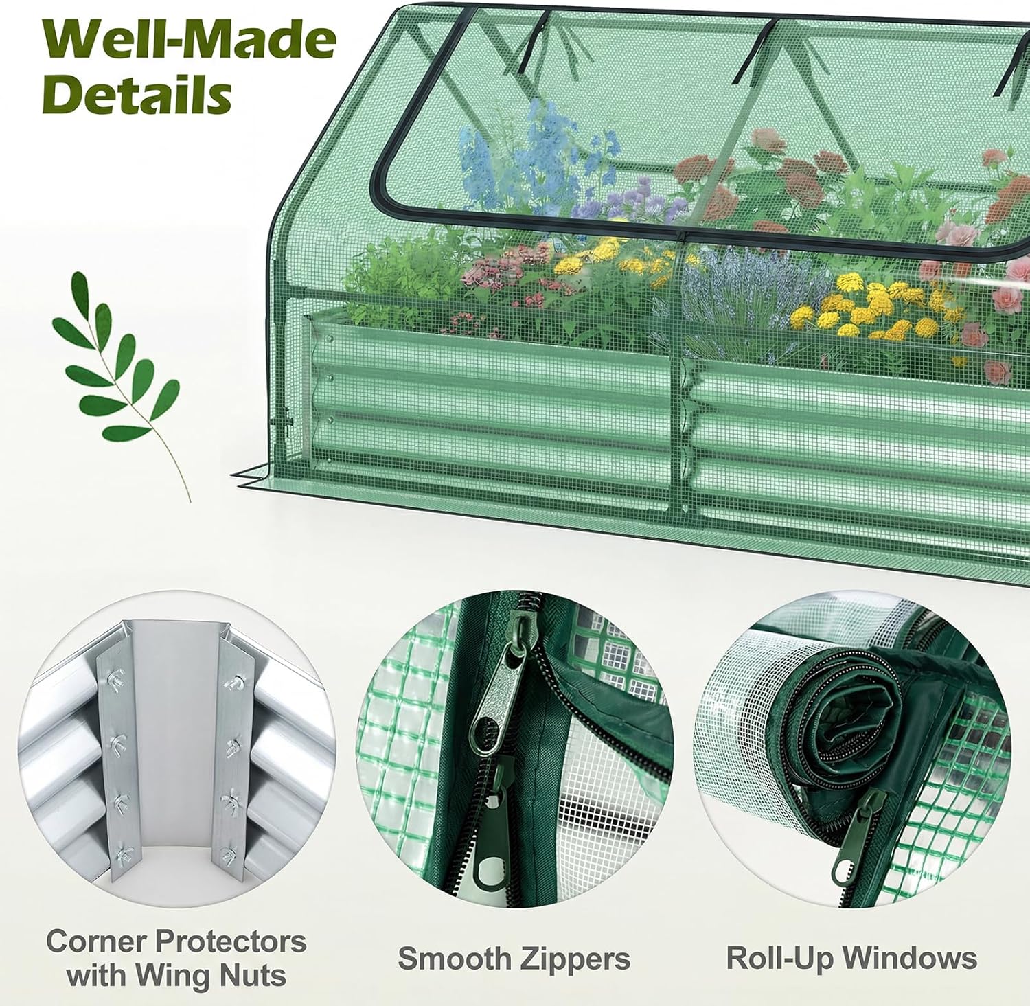 SAFSTAR Raised Garden Bed with Cover, 6FT x 3FT x 3FT Galvanized Bottomless Garden Bed with Greenhouse, Dual 2-Tier Roll-Up Windows, Outdoor Metal Planter Box Kit with Cover (Green)