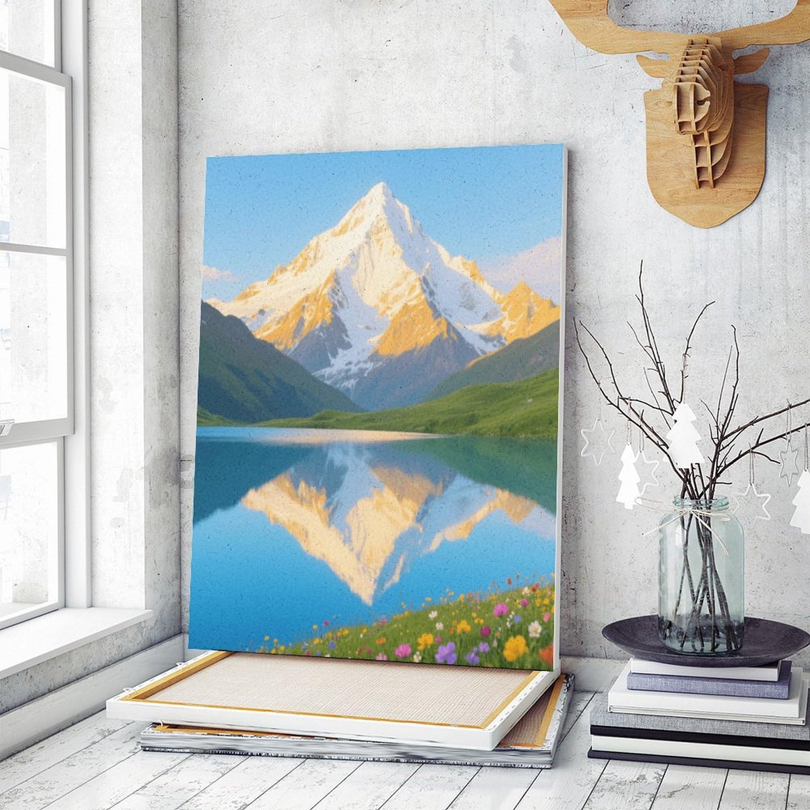 KOAYUBFC Malen nach Zahlen mit Schneebedeckten Bergen und Seen, Malen-nach-Zahlen-Set für Erwachsene, Anfänger, Erwachsene, Malen nach Zahlen, Kits auf Leinwand, DIY-Acryl-Ölfarben, Gemälde mit