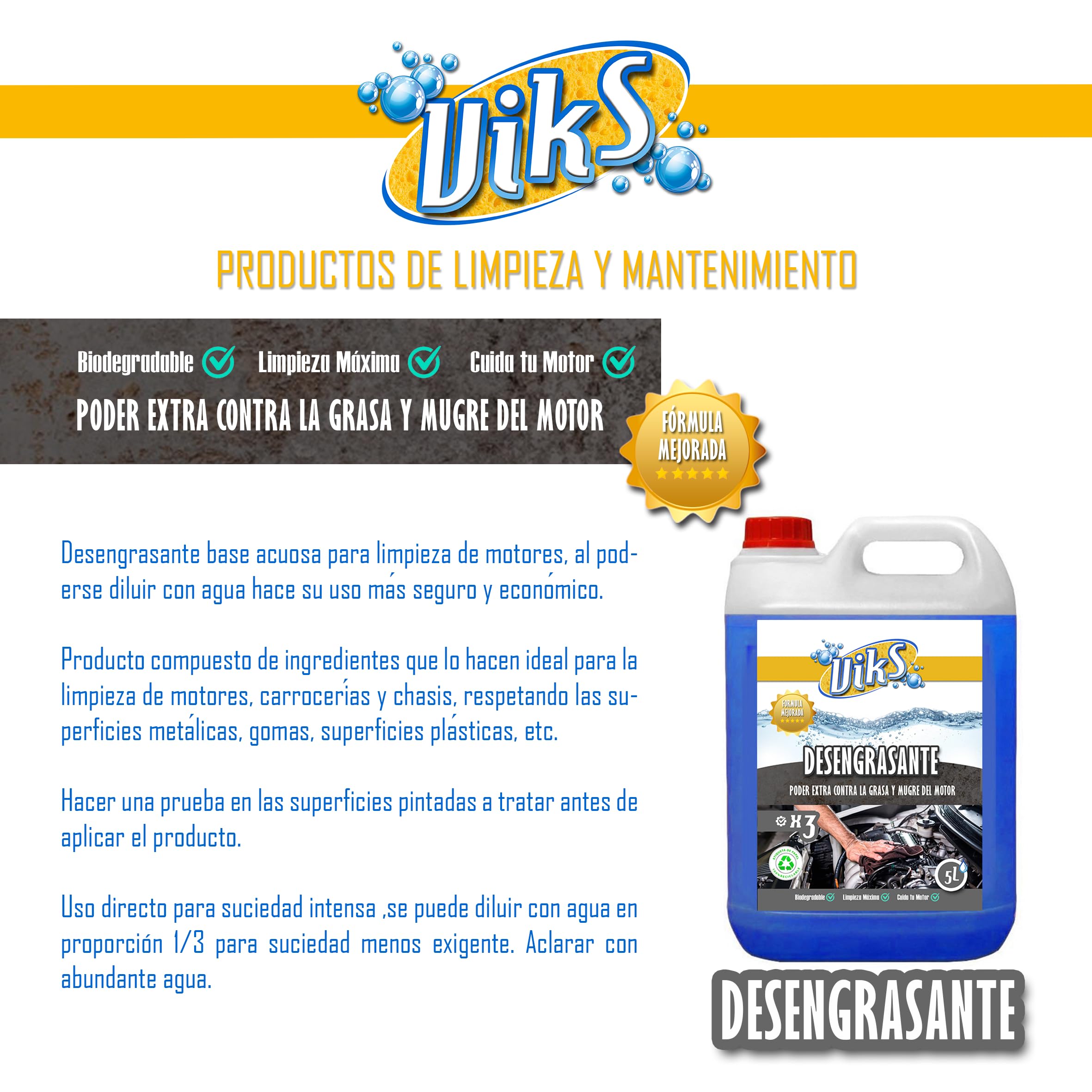 Viks | Dégraissant moteur concentré biodégradable | Nettoie et protège les moteurs et leurs pièces | Élimine la saleté accumulée sans dommage et redonne de la brillance | 5L