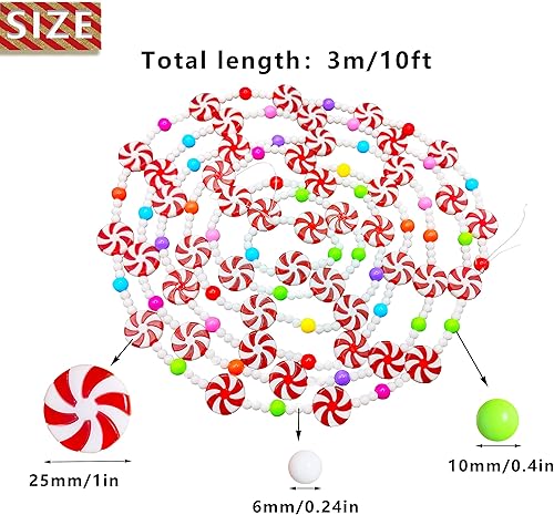 Miniatura 2 de Guirnalda de dulces de Navidad de 10 pies guirnalda de cuentas de caramelo de menta roja y blanca guirnalda de cuentas coloridas adornos colgantes