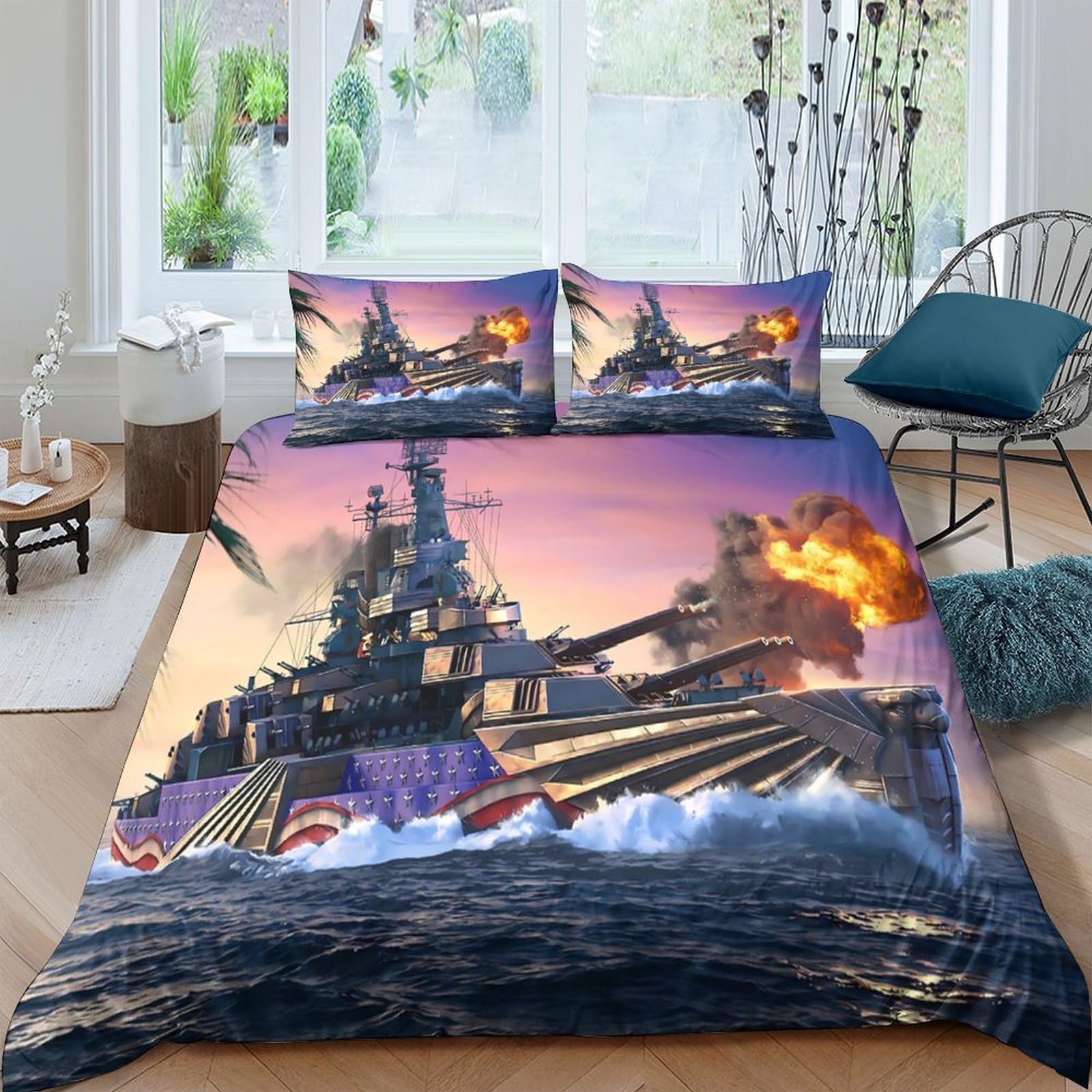 Ctjqhvkz Style-7 3D Printed Battleship Sunset Fitted Sheet Microfiber Soft Breathable Navy Warship Bed Cover For Bedroom Dorm Mattress Protection Decor Single（135X200cm）
