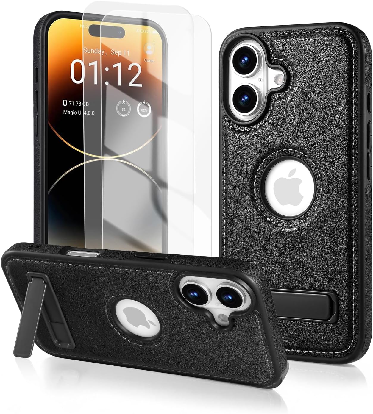 Korecase Phone Case for iPhone 16 Plus Leather,[with Screen Protector(2 Packs)], Slim Adjustable Kickstand Shockproof Protective for Apple iPhone 16 Plus Case Leather Black