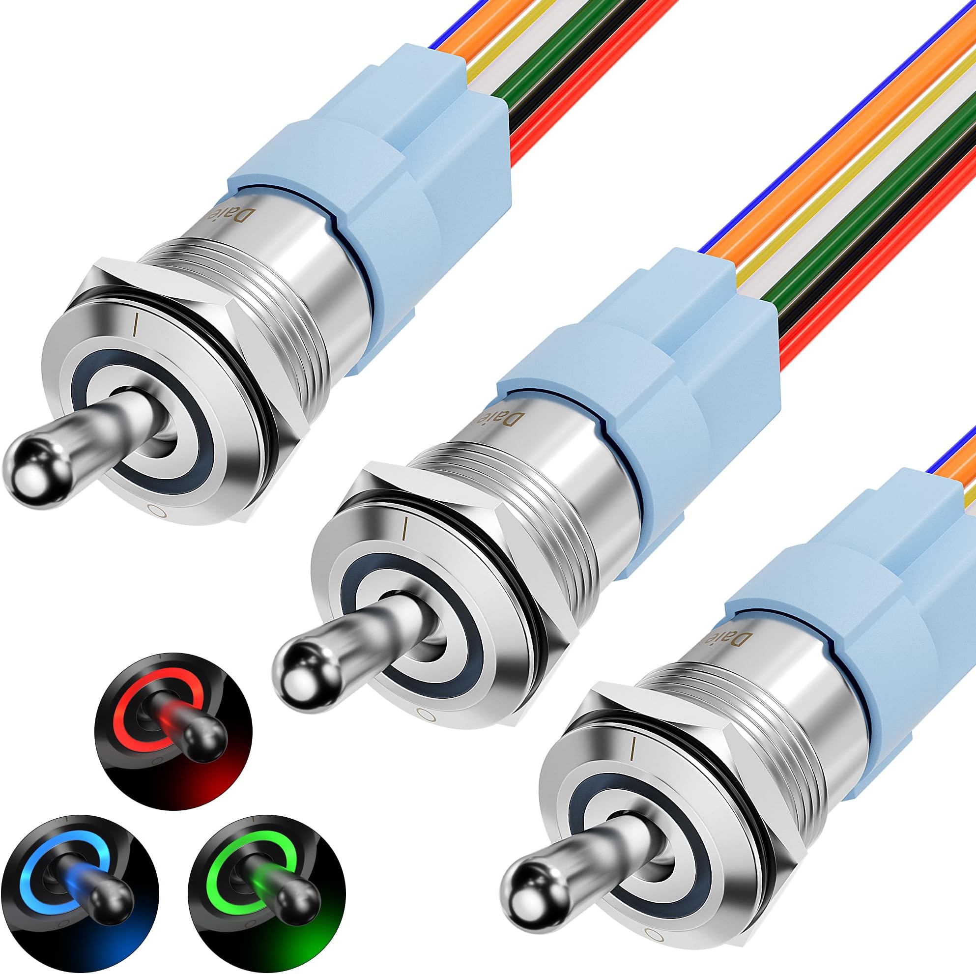 DAIERTEK12V Waterproof Toggle Switch IP67, 16mm Pre-Wired, RGB (Red, Green, Blue) LED, 20A 12VDC, ON-OFF, Panel Mount, 3Pack