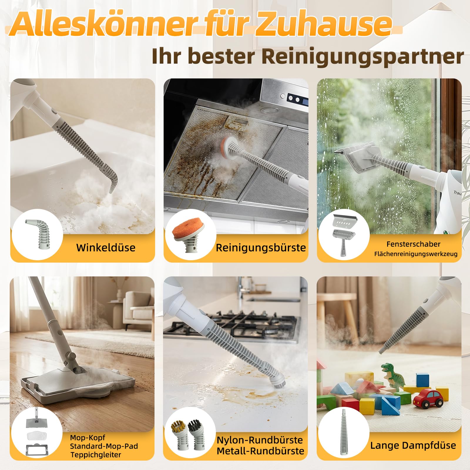Dampfreiniger, 10-in-1 Handdampfreiniger, 15S Schnelle Aufheizung Dampfwischer, 450 ml Druck-Mehrzweckdampfreiniger, 1500 W, chemikalienfreier für den Heimgebrauch, Reinigung von Böden, Fliesen, Fenst