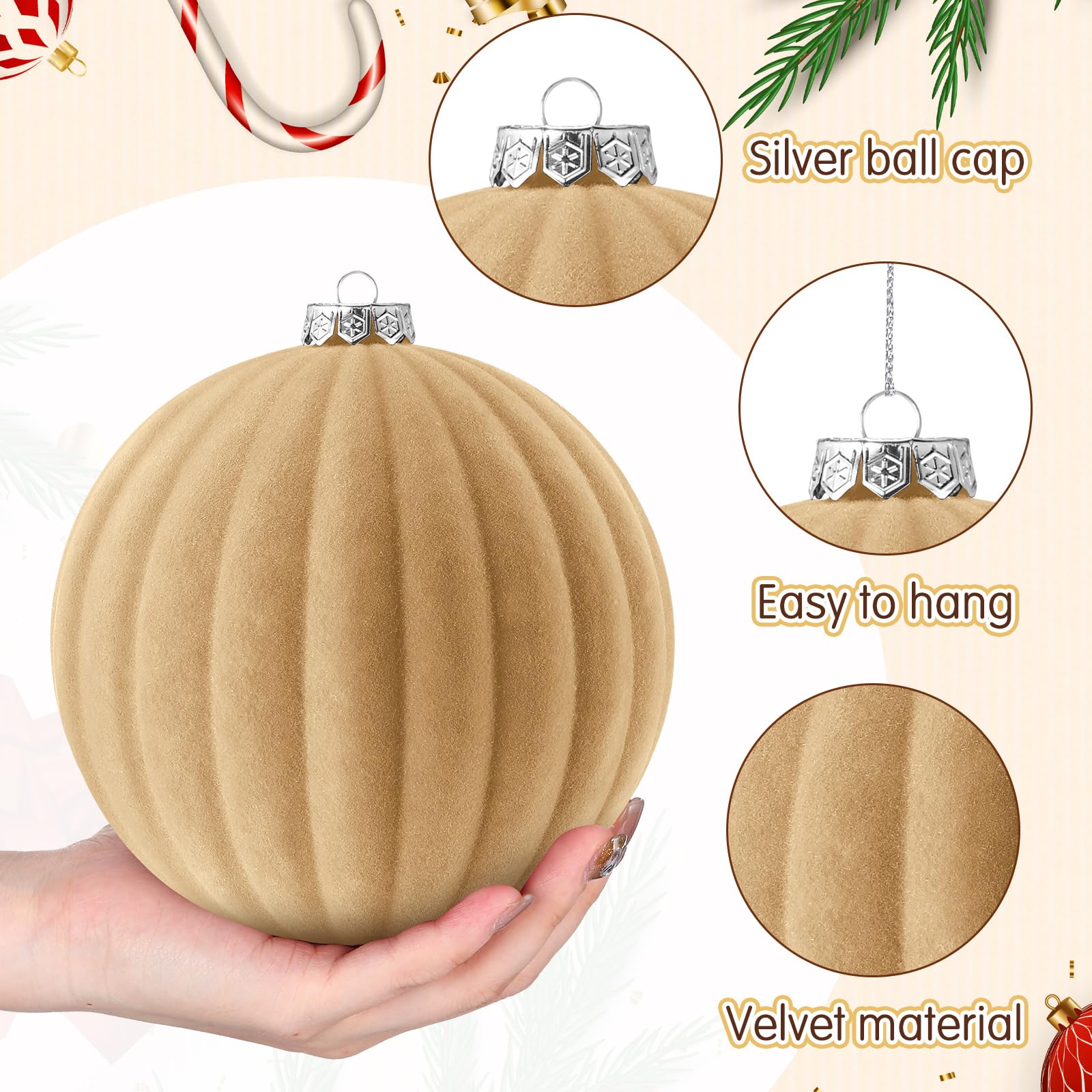 Syhood 4 bolas de Navidad de terciopelo neutro de 6 pulgadas, grandes esferas de adorno de terciopelo, decoraciones de árbol de Navidad, adornos flocados colgantes para árbol de Navidad, guirnalda del