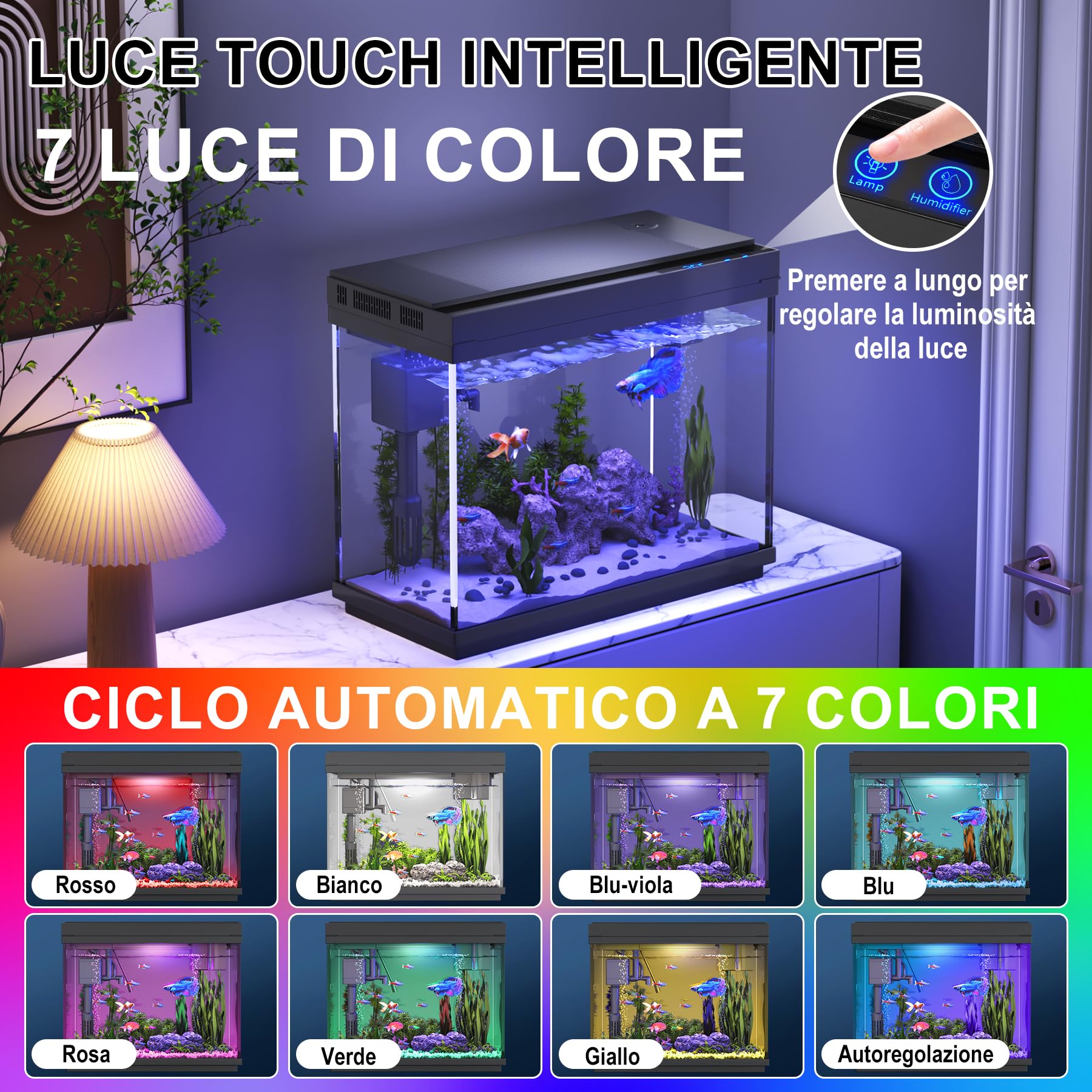 Vehipa Acquario Completo, Acquario per Pesci Rossi da 9L con Umidificatore Intelligente, Display della Temperatura, Vetro Ultra Chiaro, Pompa Silenziosa 3 in 1, Illuminazione a 7 Colori