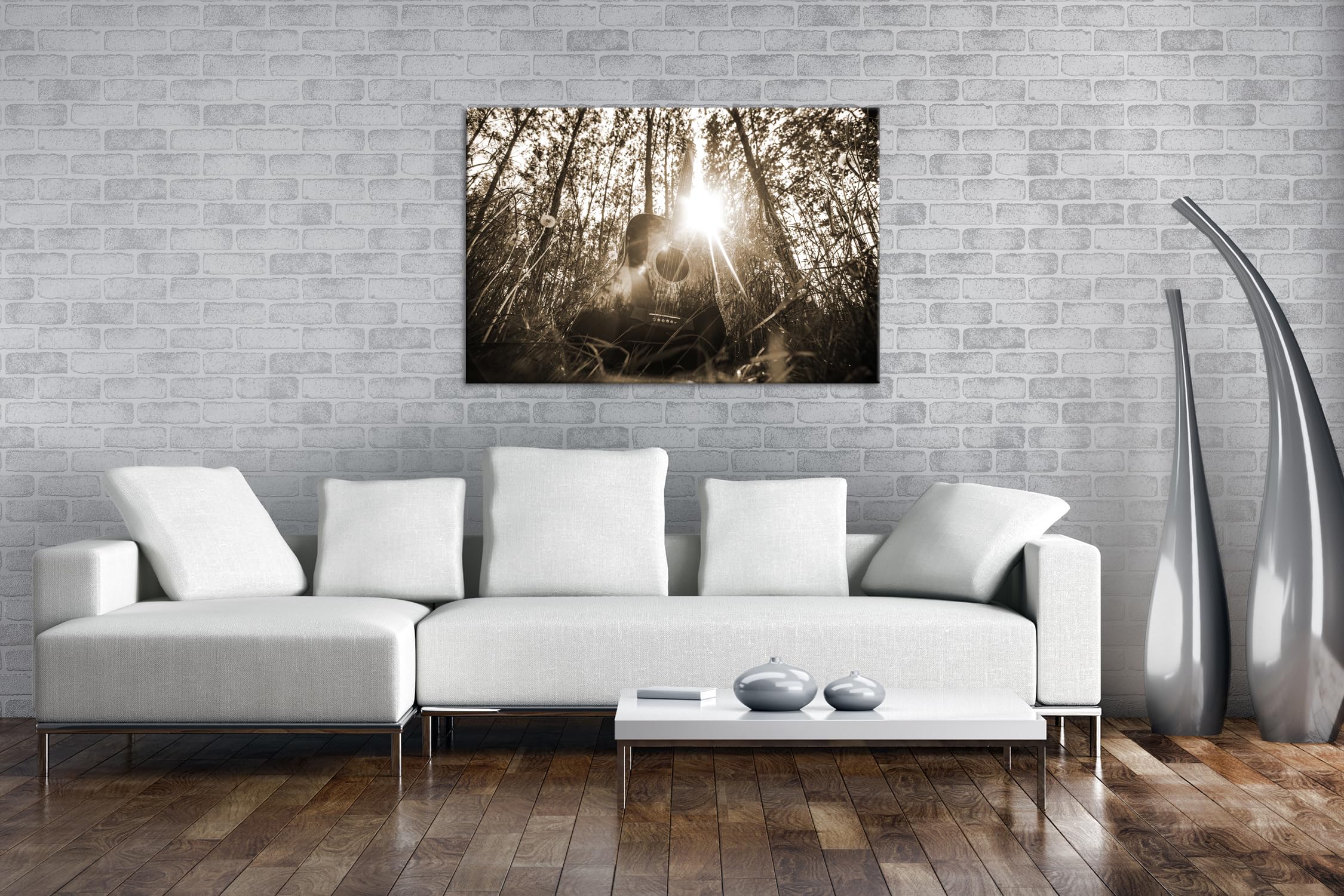 deyoli Chitarra acustica in formato foresta idilliaco: 90 x 60 cm, effetto: Seppia come tela, motivo già incorniciato su telaio in vero legno, stampa digitale di alta qualità con cornice