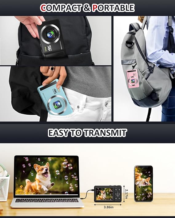 digital camera 4k photo camera 64mp - with 32 gb memory card digital camera 16x digital zoom simple portable camera and rechargeable 2 1200 mah batteries for children teenagers seniors beginners