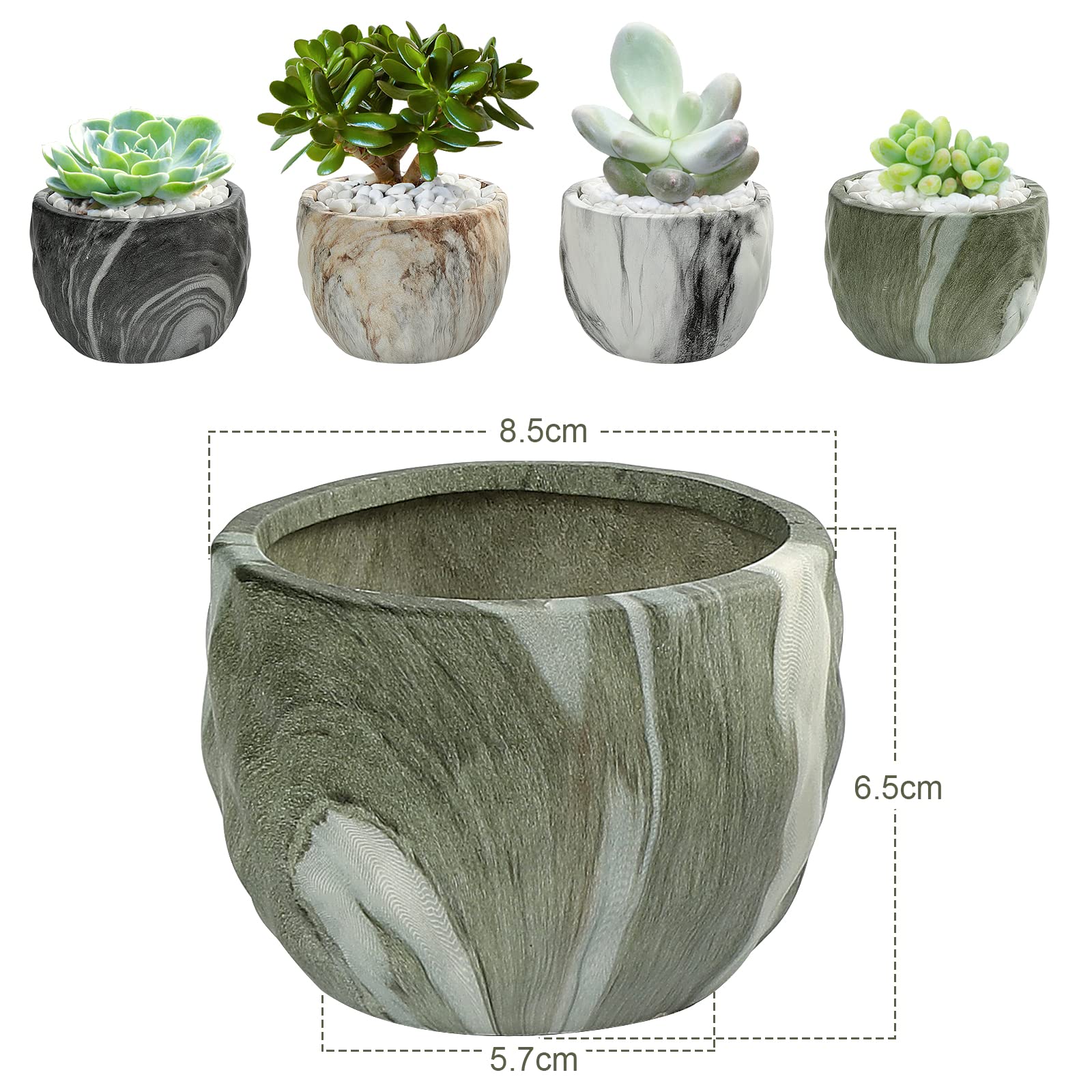 Coolty 4 Mini Vasi In Ceramica Marmorizzata Per Piante Grasse - 8,5 Cm, Con Foro Di Drenaggio