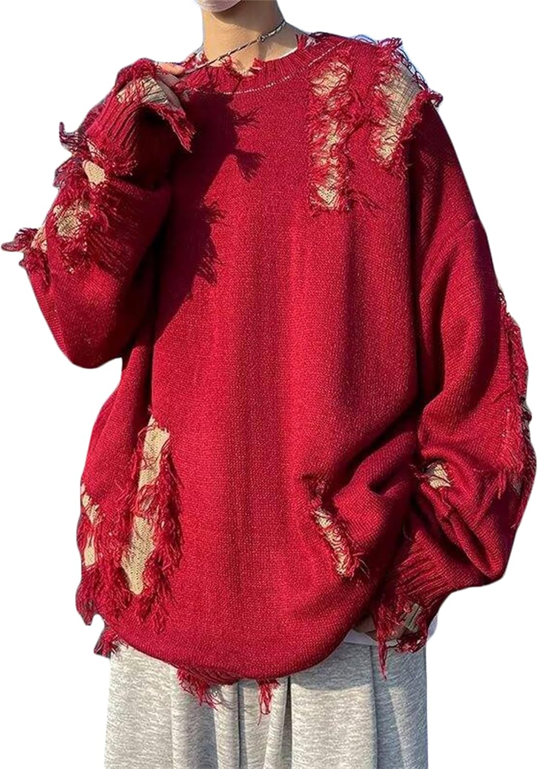 [BEIBANG]ニットセーター メンズ ダメージ加工 プルオーバー ゆったリ 切りっぱなし ニット クルーネック セーター 黒ニッ