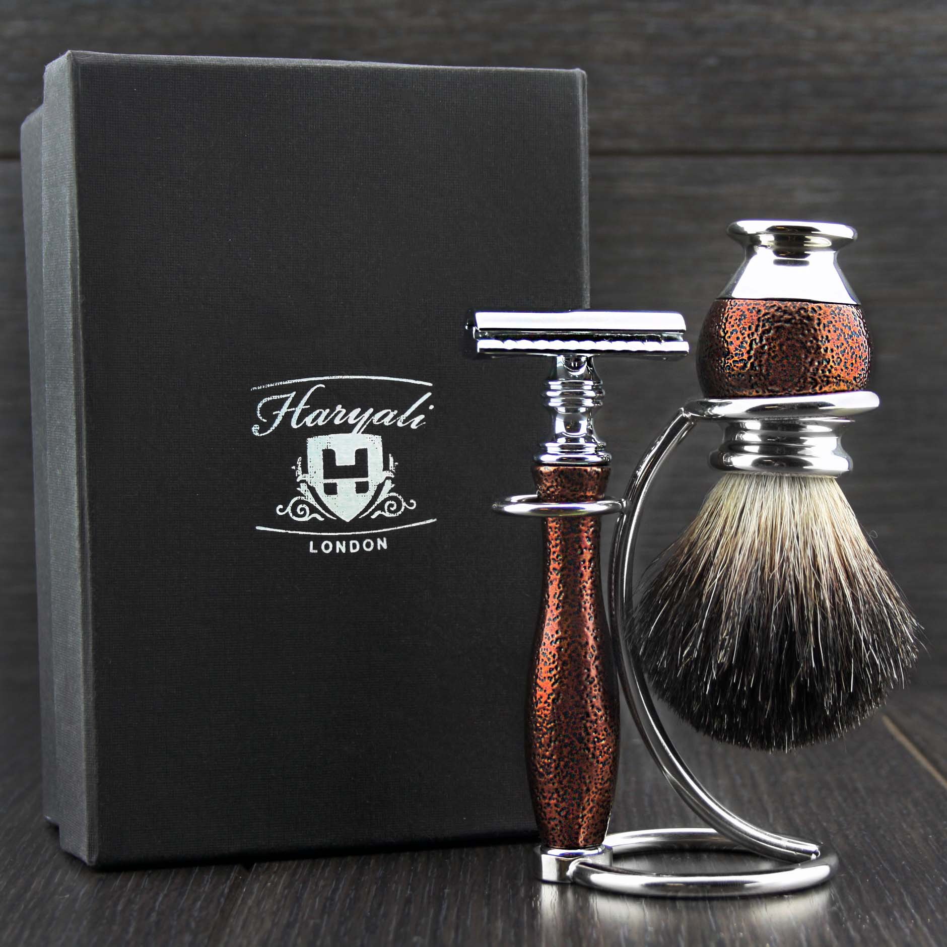 Men's Shaving Set in Maroon Colour with DE Safety Razor,Black Badger Hair Brush with Dual Stand for Both Razor & Brush.