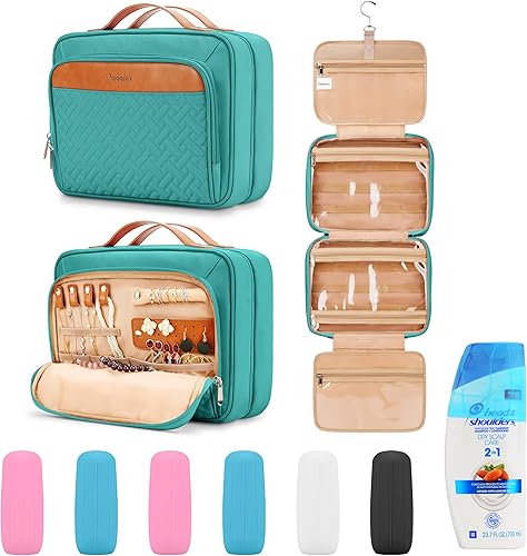 COOSKY Neceser colgante de viaje para mujer, con capacidad para champú de tamaño completo, con compartimento organizador de joyas, bolsa de