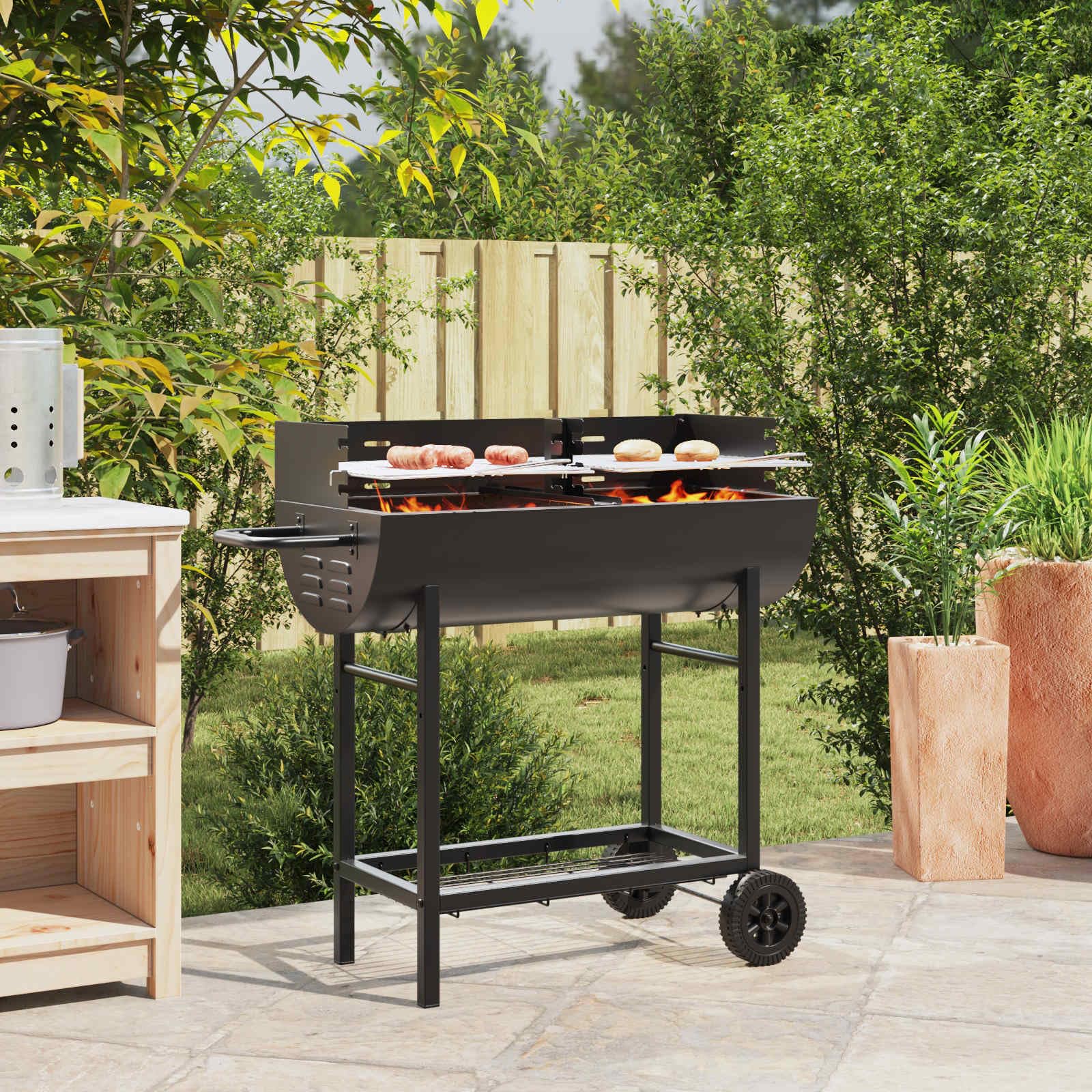 Barbacoa de carbón vegetal de acero aleado, 96,5 x 42,5 x 88,5 cm, color negro, con rejillas de altura ajustable, espacio para barbacoa y jardín