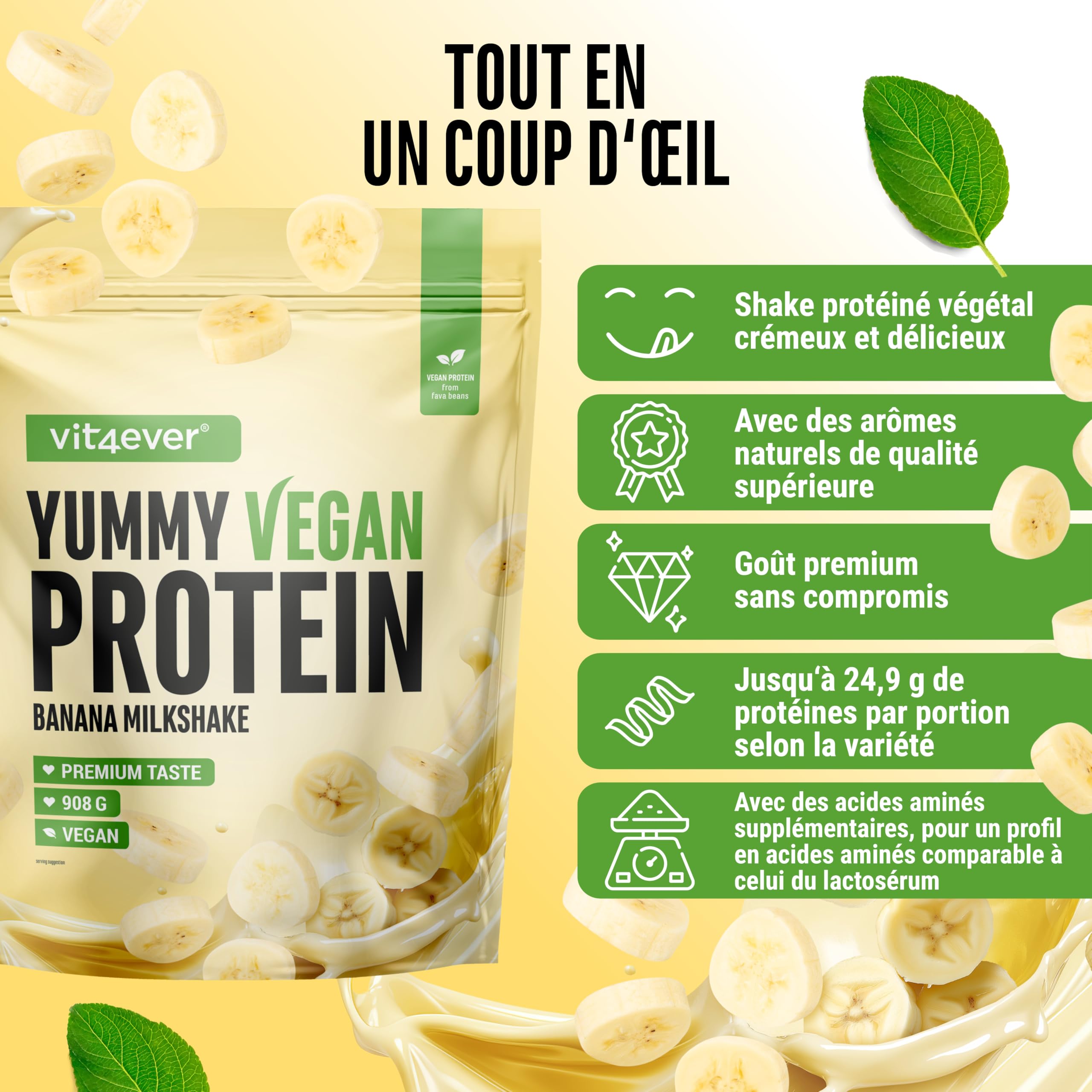 Yummy Vegan Protein Banana Milkshake – Shake protéiné végétal avec 24,8 g de protéines par portion à base d’isolat de fève avec BCAA et acides aminés – 908 g