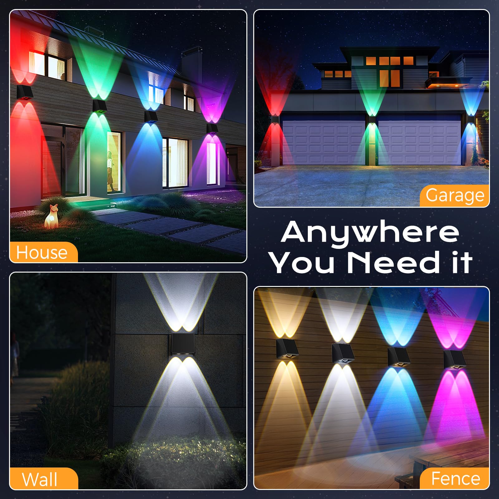 Quntis Aplique Solar Exterior Pared 4 Piezas, Blanco Cálido y Rgb Luces Solares Led Exterior Jardin Pared IP65 Impermeable con 13 Modos para Jardín, Porche, Garaje